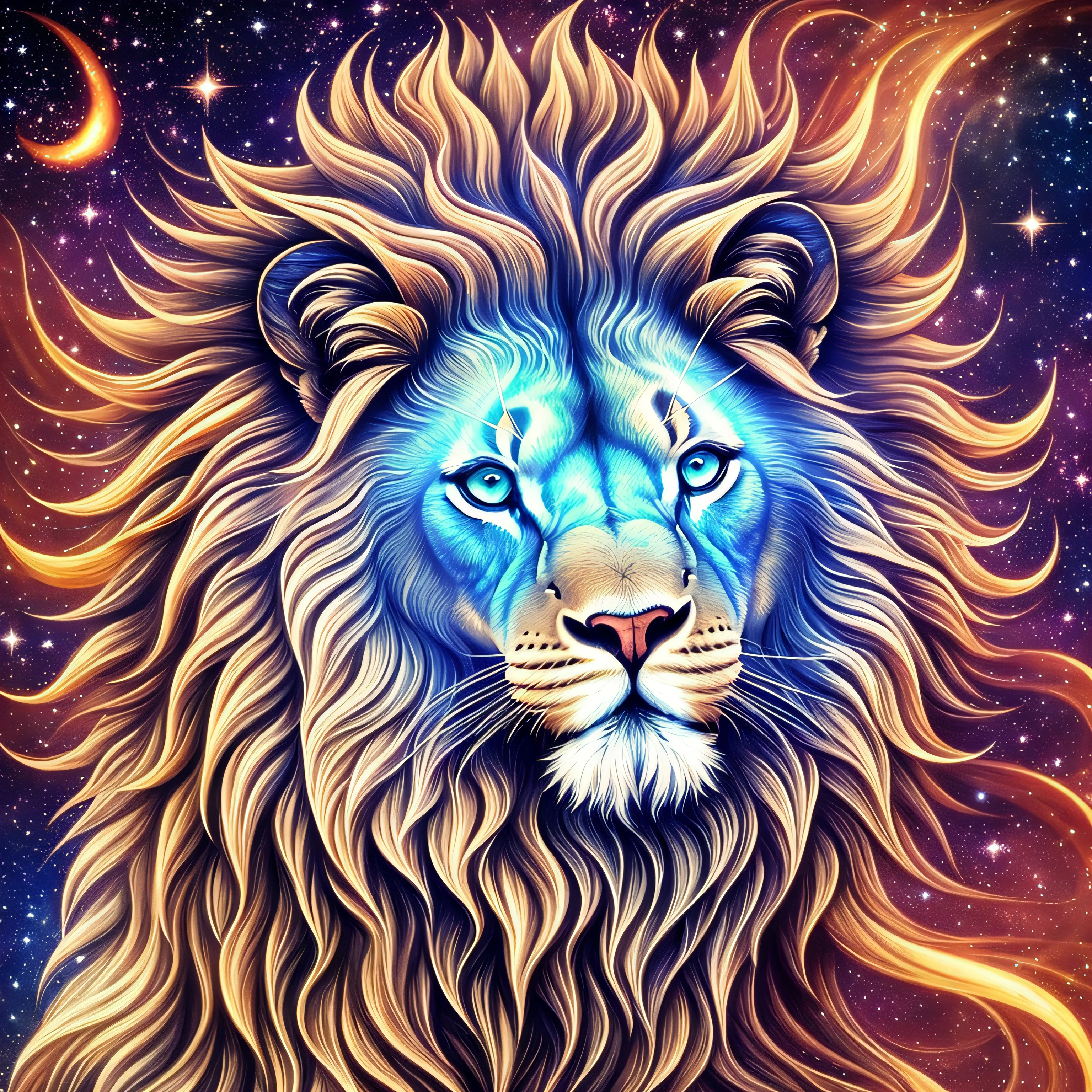Painting of a lion and a galaxy background, space lion, lion in space, lion in outer space, lion of the void, lion planet, cosmic cataclysm, astronaut lion, portrait of a lisa frank, amazing lion, on a looking galaxy background, cosmic lion, microscopic lion, galaxy, lion. digital painting --auto