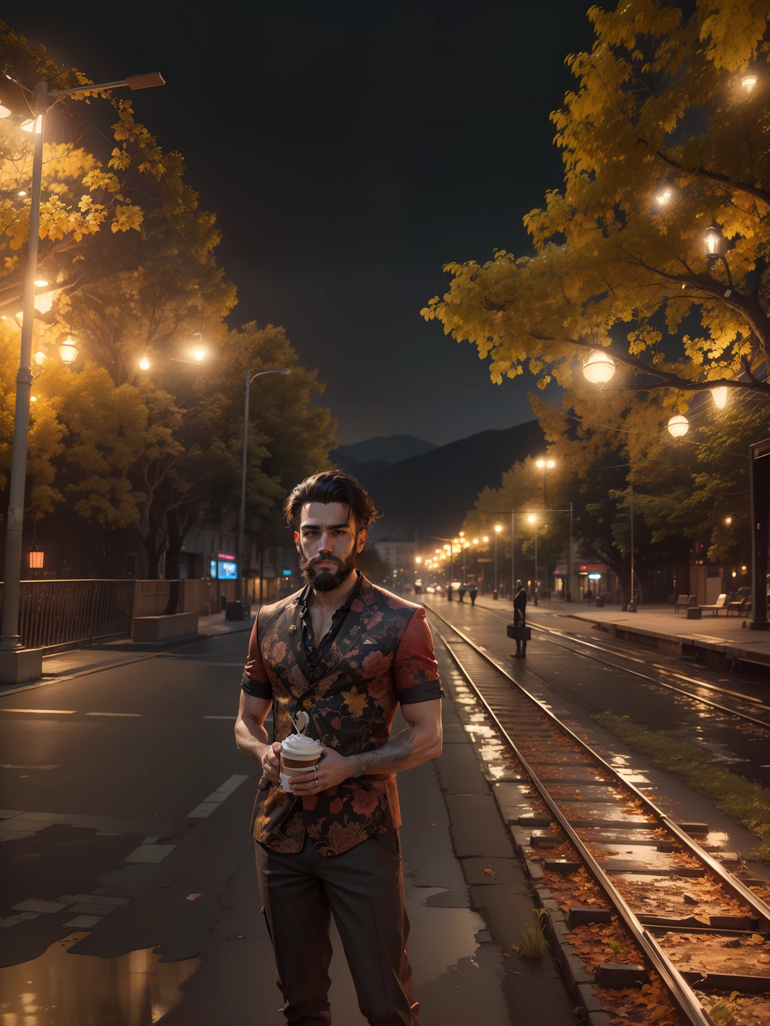 Handsome boy, 8k, beard, ultra realistic, bar background, ofwhait blazer, black Shirt, ambiant yellow light