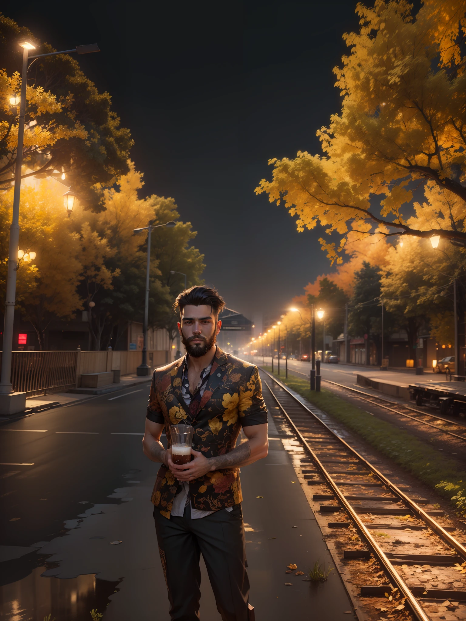 Handsome boy, 8k, beard, ultra realistic, bar background, ofwhait blazer, black Shirt, ambiant yellow light