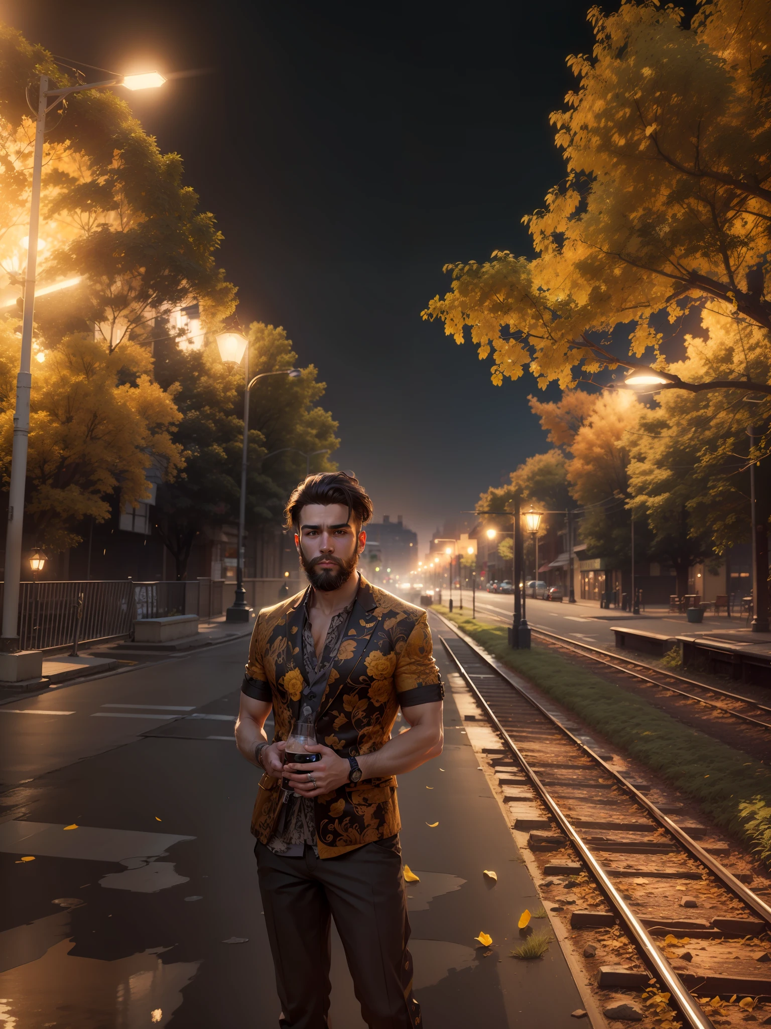 Handsome boy, 8k, beard, ultra realistic, bar background,  ofwhait blazer, black Shirt, ambiant yellow light