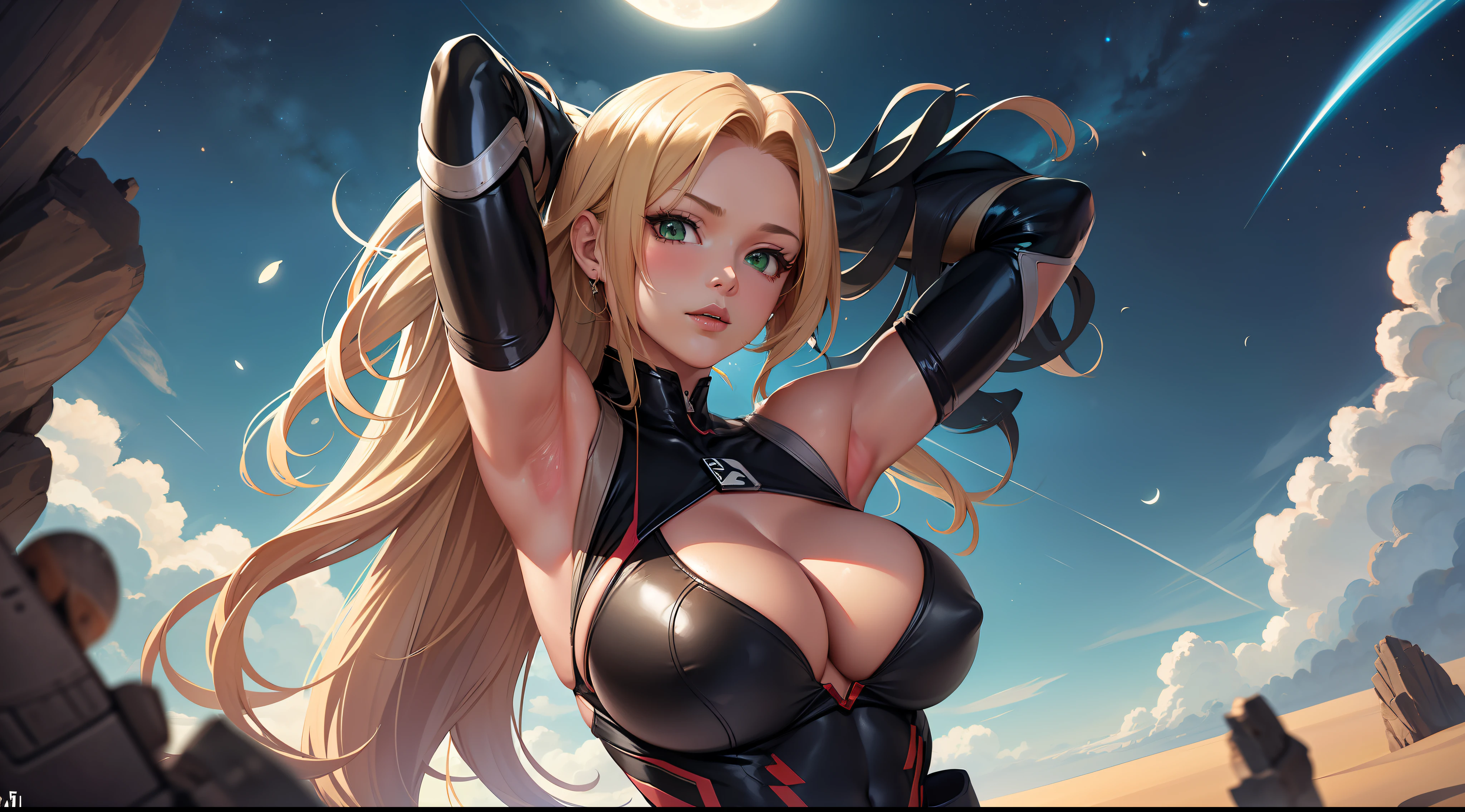 1 girl, ig model, ninja, bodysuit, action pose, arms up, arms behind head, blonde hair, long hair, green eyes, lewd face, sexy, cleavage, armpits, large breasts, wide hips, thick thighs, muscles, abs, realistic, ray traced, desert, sand, night, stars, moon, clouds