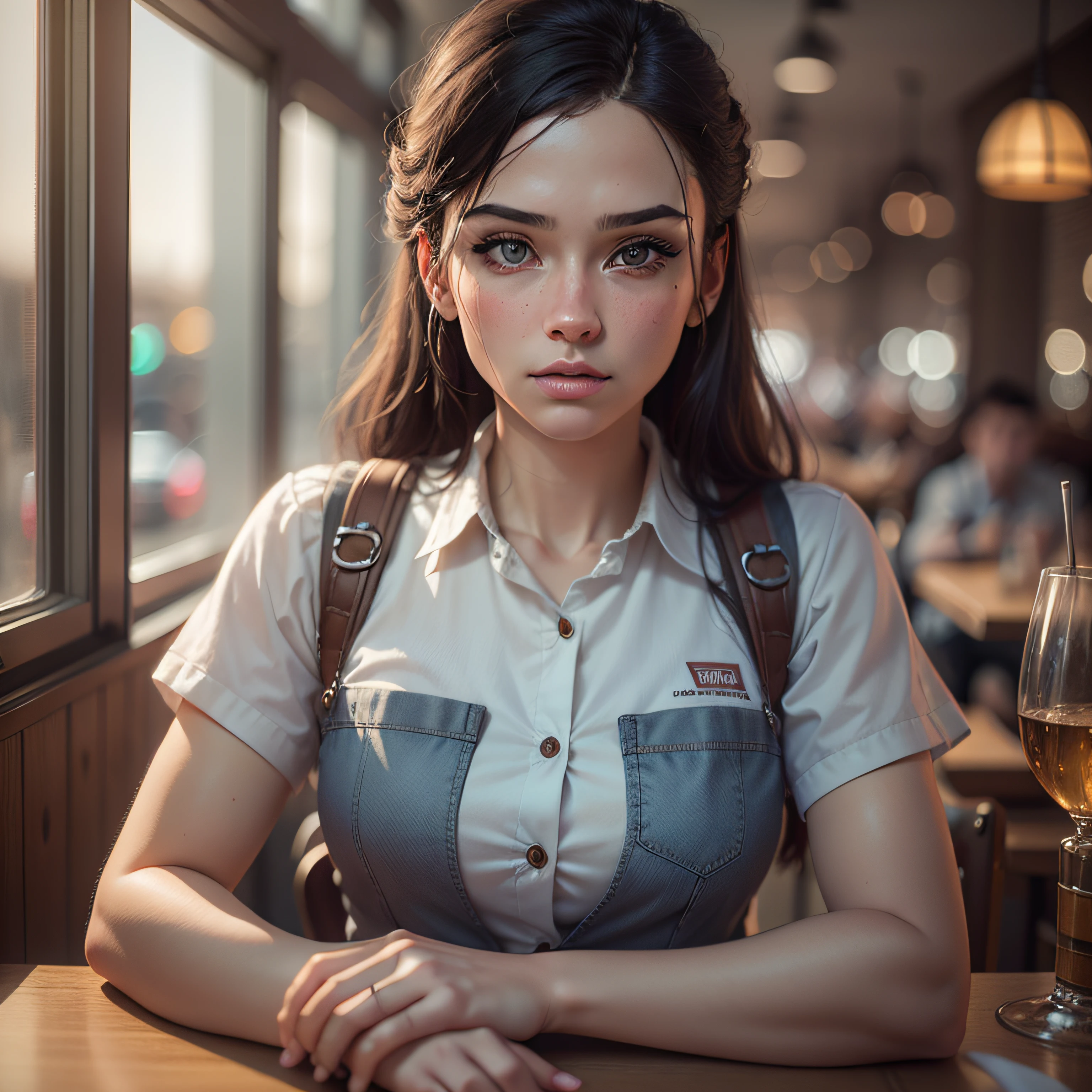 20 year old woman working as a bricklayer, work clothes, waitress, waiter, inside restaurant, old restaurant, restaurant with customers, many customers, render 8k portrait, cinematic realistic photo, realistic face moody lighting, ultra realistic image, unreal engine character art, ultrarealistic 8k cyberpunk art, cinematic bust portrait, photorealistic art style, an ultra realistic, detailed portrait shot,  Beautiful man, portrait shot 8K