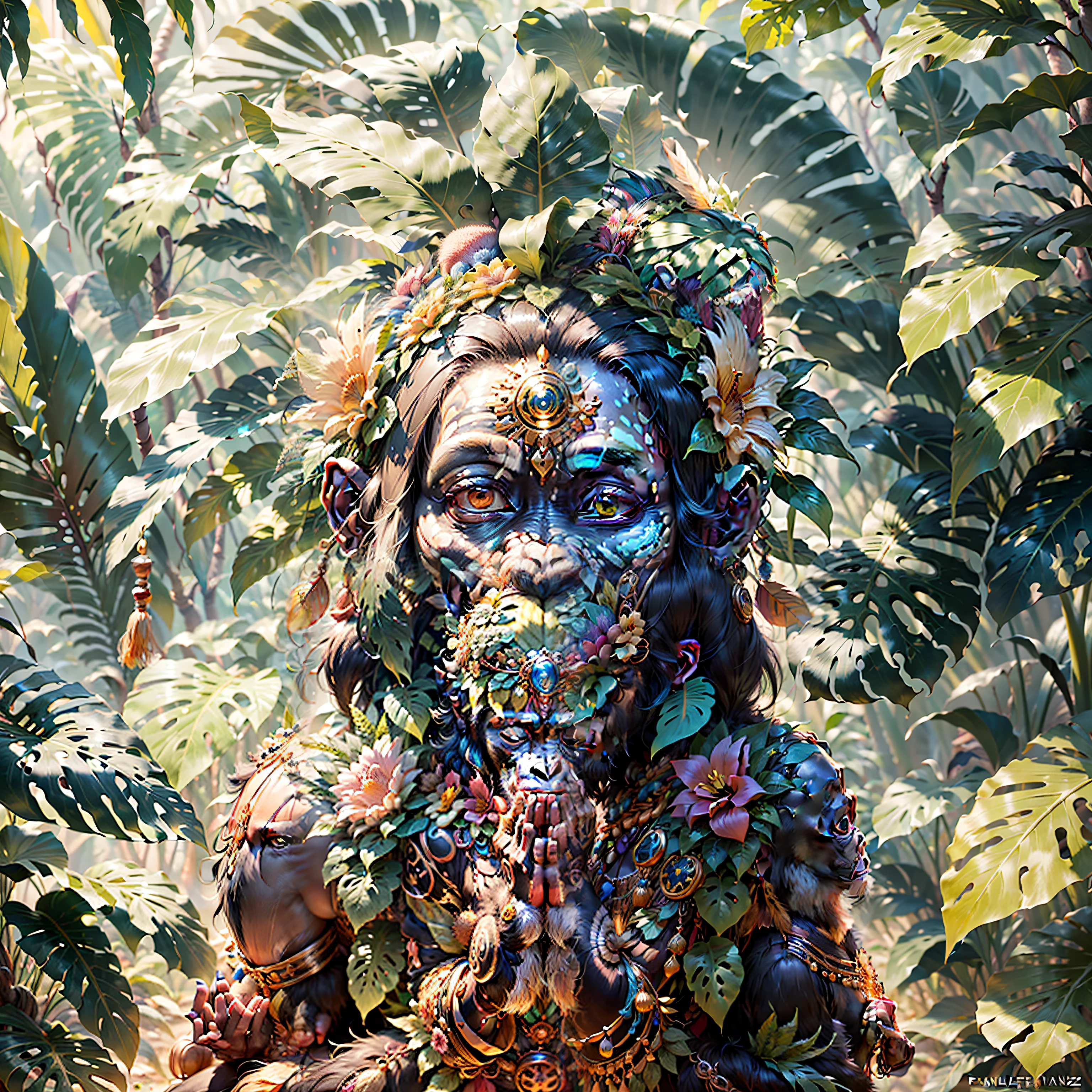 Chimpanzee ((indigenous),, ((with praying hands)),, chimpanzee hands, hair with details, with indigenous headdress on the head, ((meditating)) colorful feathers, facing the camera, detail: dense tropical foliage, highly detailed intricate, ((masterpiece)), ultra hyperrealistic, masterpiece