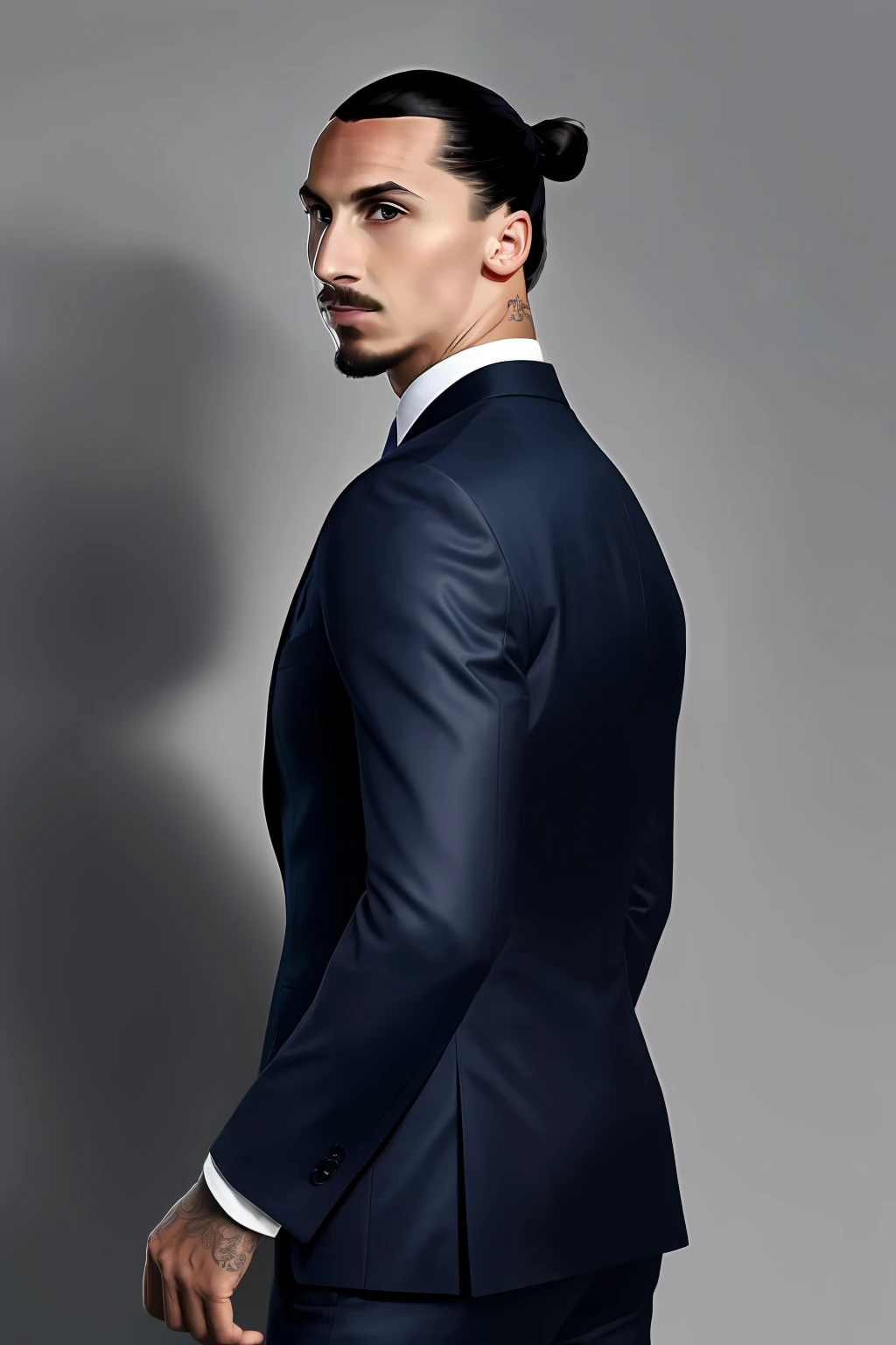 (Representative work) (High quality) Photo portrait of Zlatan in (professional) black suit, looking back at the viewer, 2 tone lighting very detailed