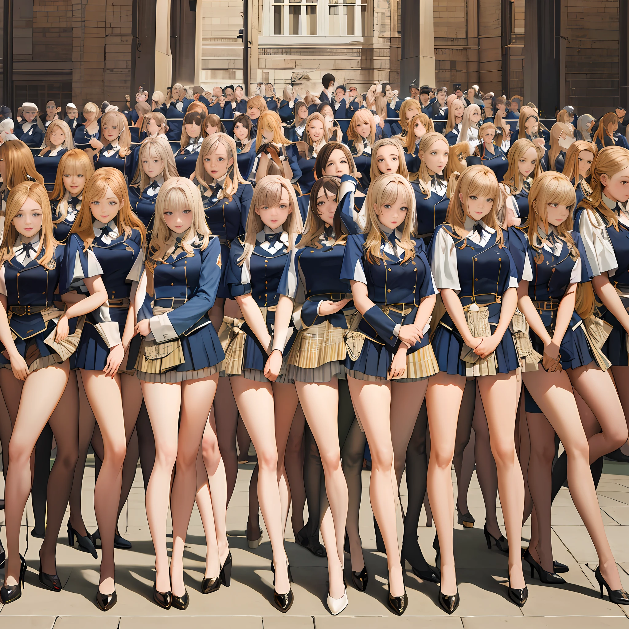 masterpiece, best quality, highres, 100+girls, crowd, identical sisters, clones, neat rows of sisters, neat columns of sisters, sisters standing in formation, sisters looking at viewer, military uniform, matching outfits, long hair, curly hair, ponytail, matching hairstyle, hazel eyes, brown hair, black necktie, blue bow, brown skirt, salute, smile, indoors, group shot, full body, bare legs, black high heels
