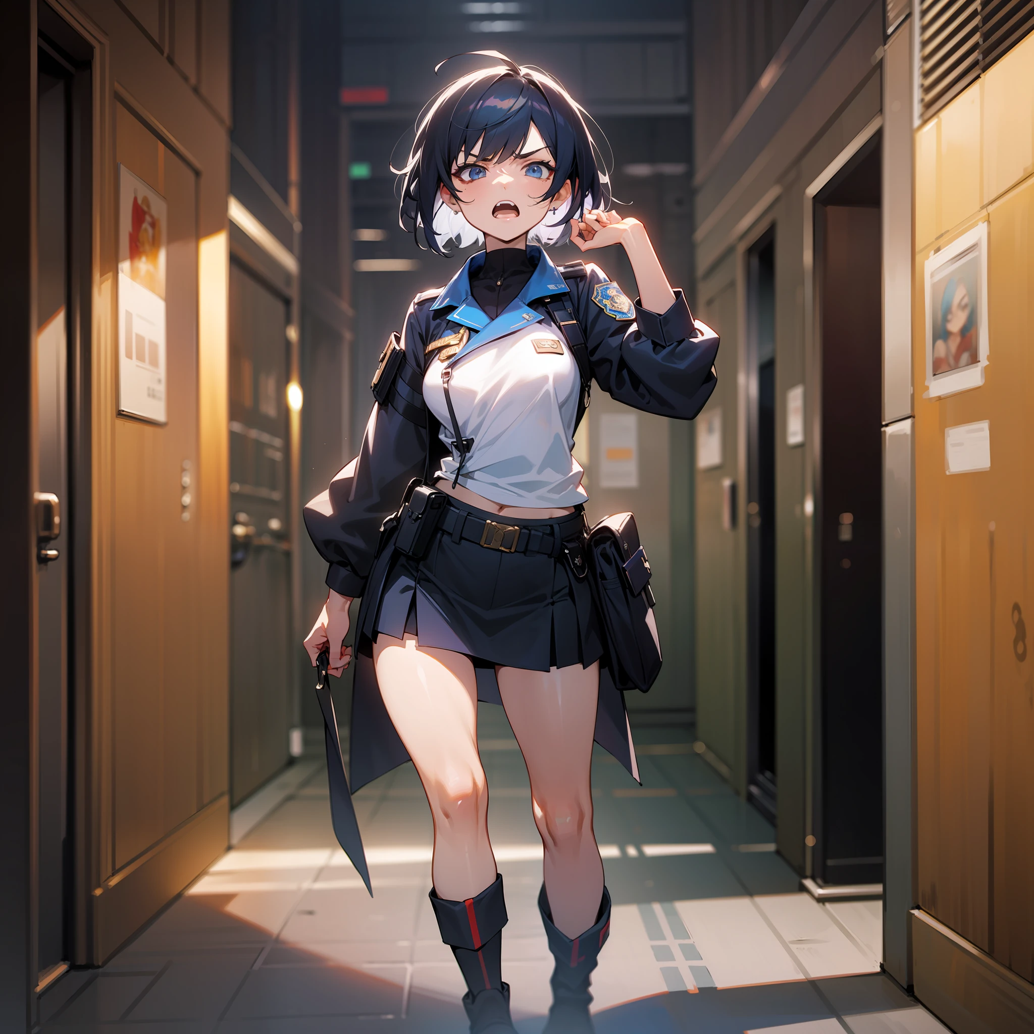 Best quality, Masterpiece, Details, Soft lighting, Bright lighting, Side lighting, Beautiful woman, Police, Miniskirt, Cool, Cool background, Angry, Navy hair, Short hair, fantastic, Full Body