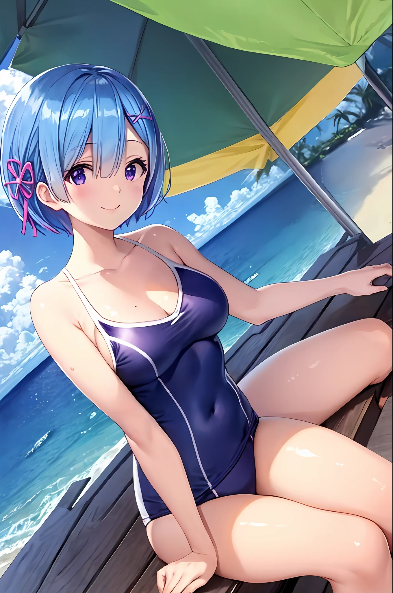 Rezero Rem, Smile, Erotic, Embraced, Open Legs, Sitting, Swimsuit White, Shot on the Beach, Low Angle,