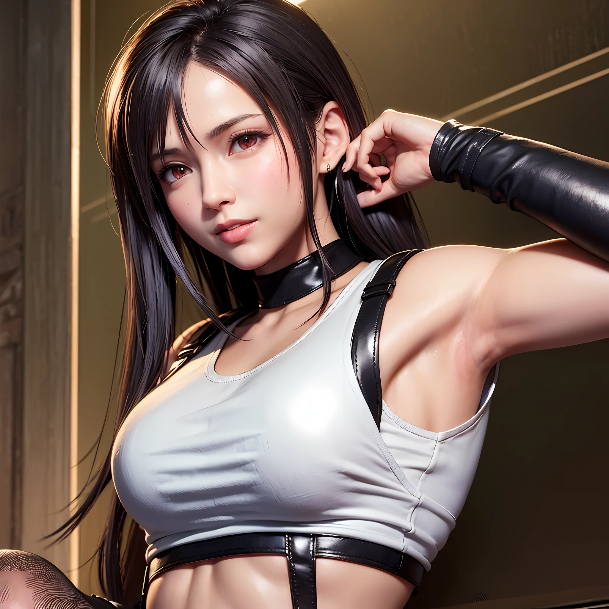 8k,masterpiece, bset quality,big, (1 girl), tifa lockhart, red_eyes, black hair, long hair, shiny skin, shiny big, ((best quality)), crisp focus: 1.2, highly detailed face and skin texture, detailed eyes, perfect face, perfect body, art, cg, blur background, big with presence, (20yo, Mature cool and beautiful face), wearing ((suspender black skirt)),(( black elbow gloves, white taut shirt, thigh-hai, white tank top, navel, blush)), jukebox, old bar, upper body, smile, professional light source, fluttering hair,