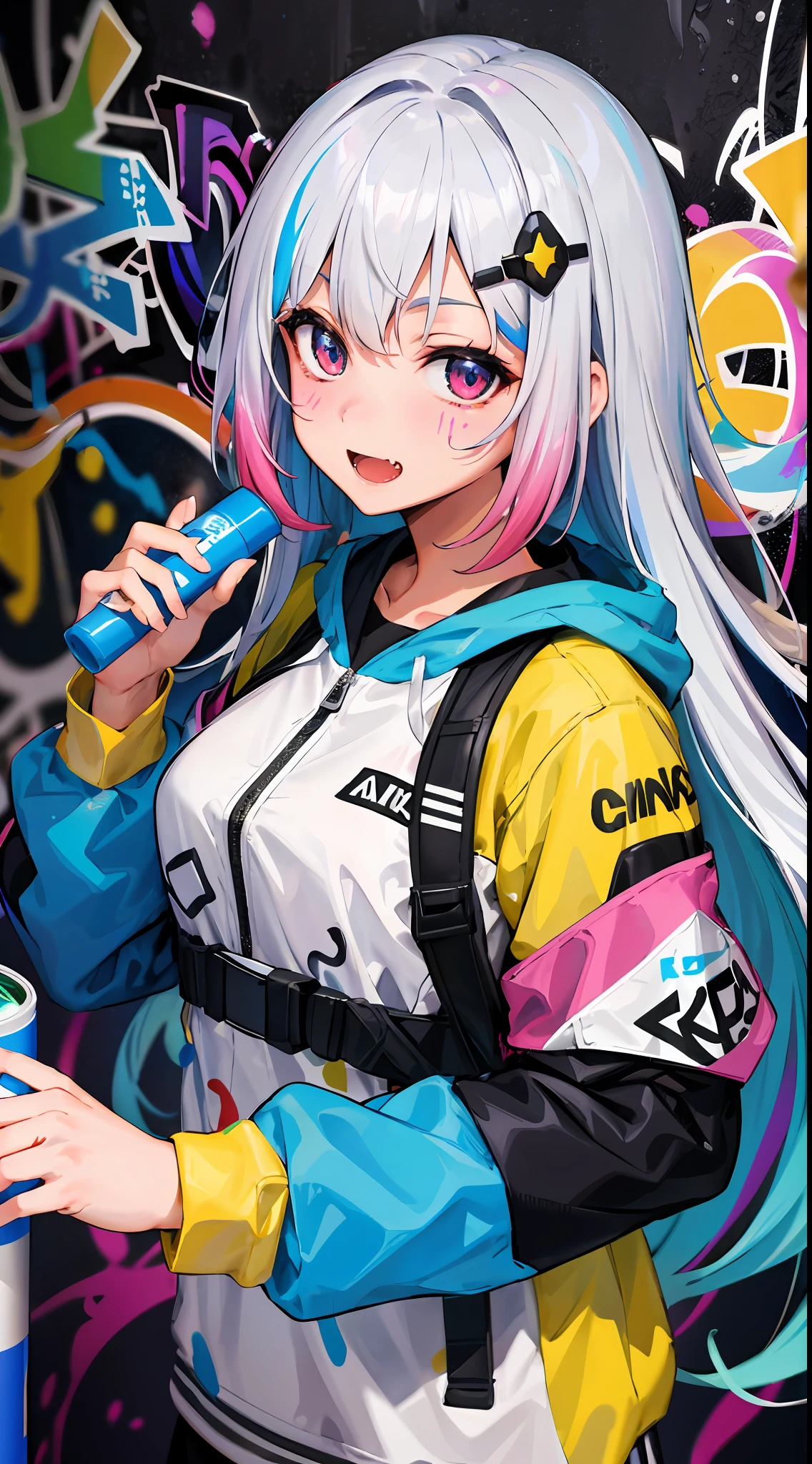 masterpiece, high quality, highres, absurdres, ultra-detailed, 8k, 1girl, medium breasts, platinum grey hair, blue hair, multicolored hair, gradient hair, open mouth, fang, looking at viewer, (holding spray paint can), oversized clothes, colorful eyes, (messy painted body:1.05), (graffiti murals wall background:1.15), seductive smile, brilliant colorful paintings, bloom, portrait, cross hair ornament