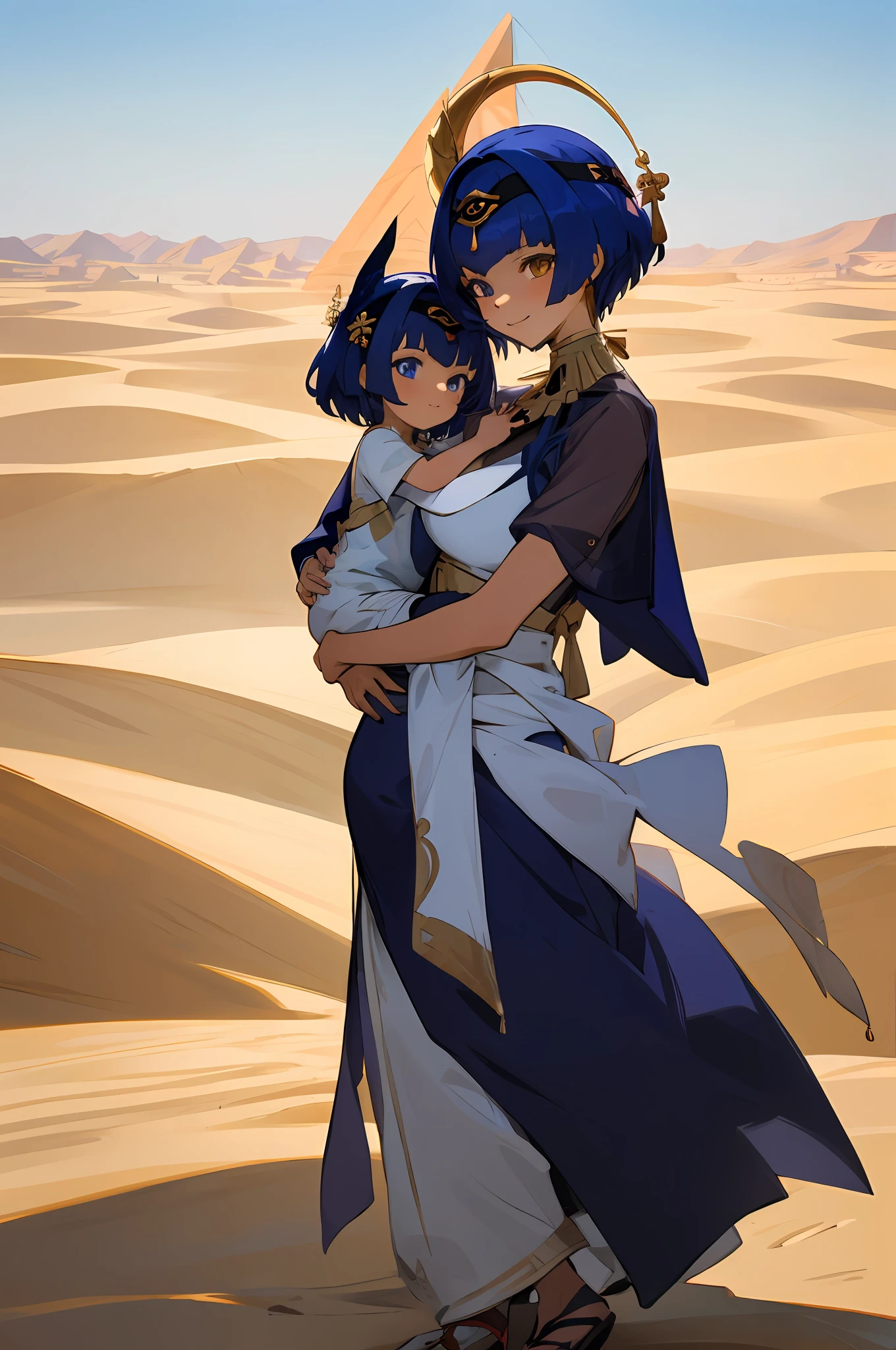 anime image of two women dressed in dress posing for a picture like egyptian desert clothes in summer, beautiful decoration on dress, palace a girl in palace,short hair, blue haired , anime fantasy illustration, from the azur lane videogame, genshin, cabdace detailed art, two beautiful anime girls, mother and child, symbol of maternal love, mother and child, such as photos of mother and child, smile, desert palace, pyramid, one golden eye, flowering cactus