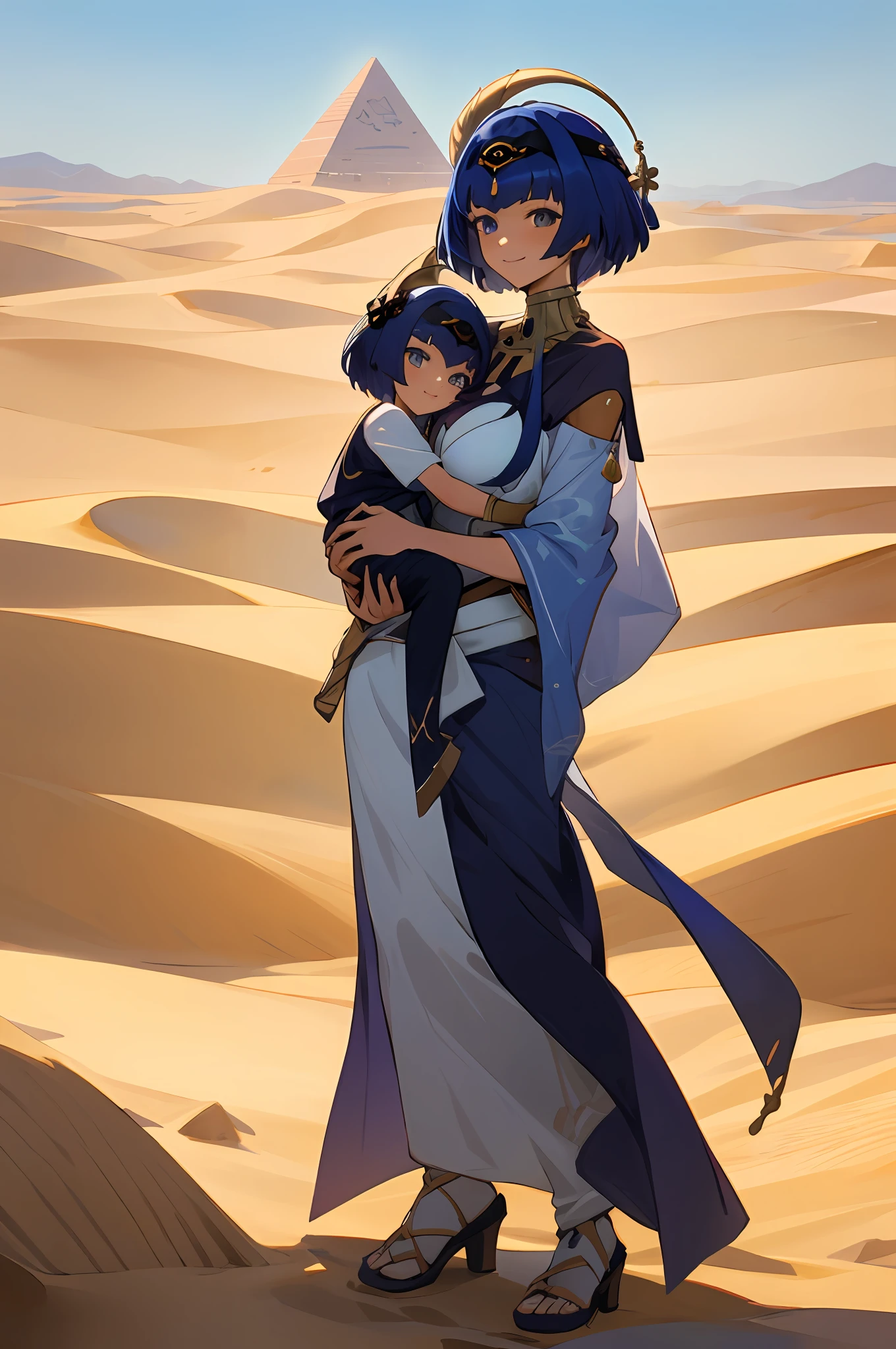 anime image of two women dressed in dress posing for a picture like egyptian desert clothes in summer, beautiful decoration on dress, palace a girl in palace,short hair, blue haired , anime fantasy illustration, from the azur lane videogame, genshin, cabdace detailed art, two beautiful anime girls, mother and child, symbol of maternal love, mother and child, such as photos of mother and child, smile, desert palace, pyramid, one golden eye, flowering cactus