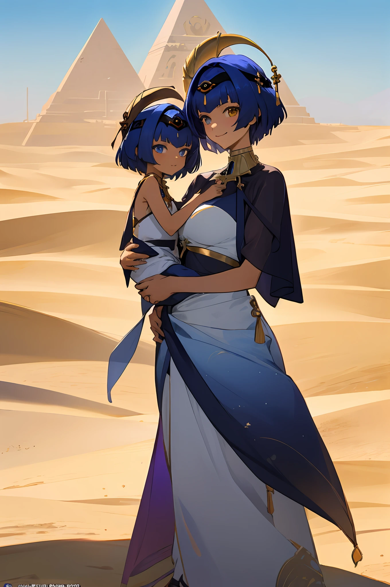 anime image of two women dressed in dress posing for a picture like egyptian desert clothes in summer, beautiful decoration on dress, palace a girl in palace,short hair, blue haired , anime fantasy illustration, from the azur lane videogame, genshin, cabdace detailed art, two beautiful anime girls, slim body, mother and child, symbol of maternal love, mother and child, such as photos of mother and child, smile, desert palace, pyramid, one golden eye, flowering cactus
