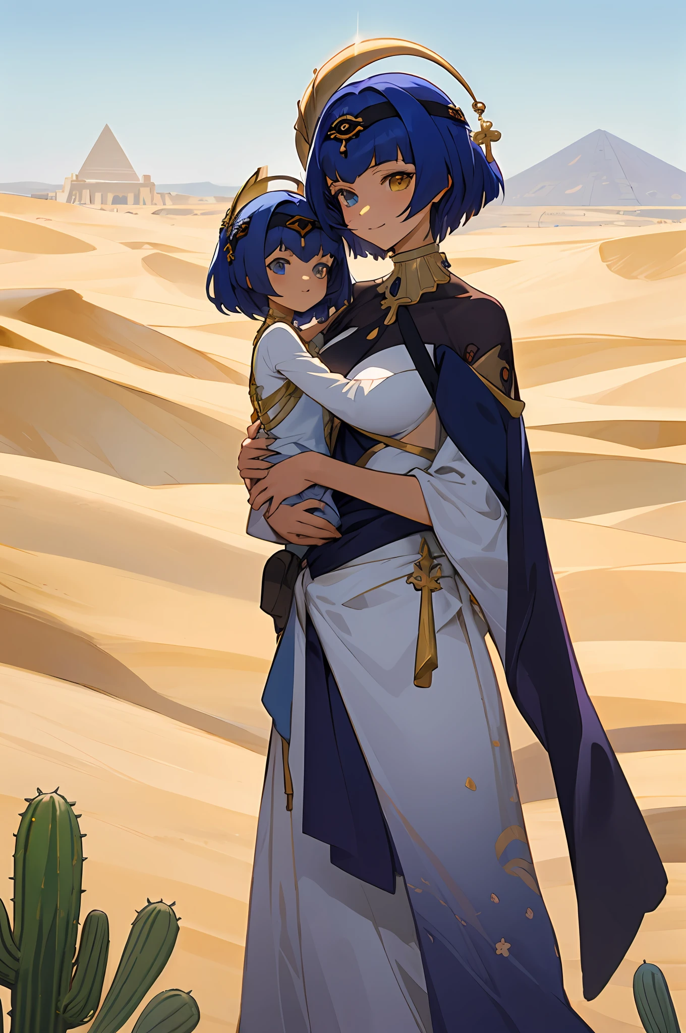 anime image of two women dressed in dress posing for a picture like egyptian desert clothes in summer, beautiful decoration on dress, palace a girl in palace,short hair, blue haired , anime fantasy illustration, from the azur lane videogame, genshin, cabdace detailed art, two beautiful anime girls, slim body, mother and child, symbol of maternal love, mother and child, such as photos of mother and child, smile, desert palace, pyramid, one golden eye, flowering cactus
