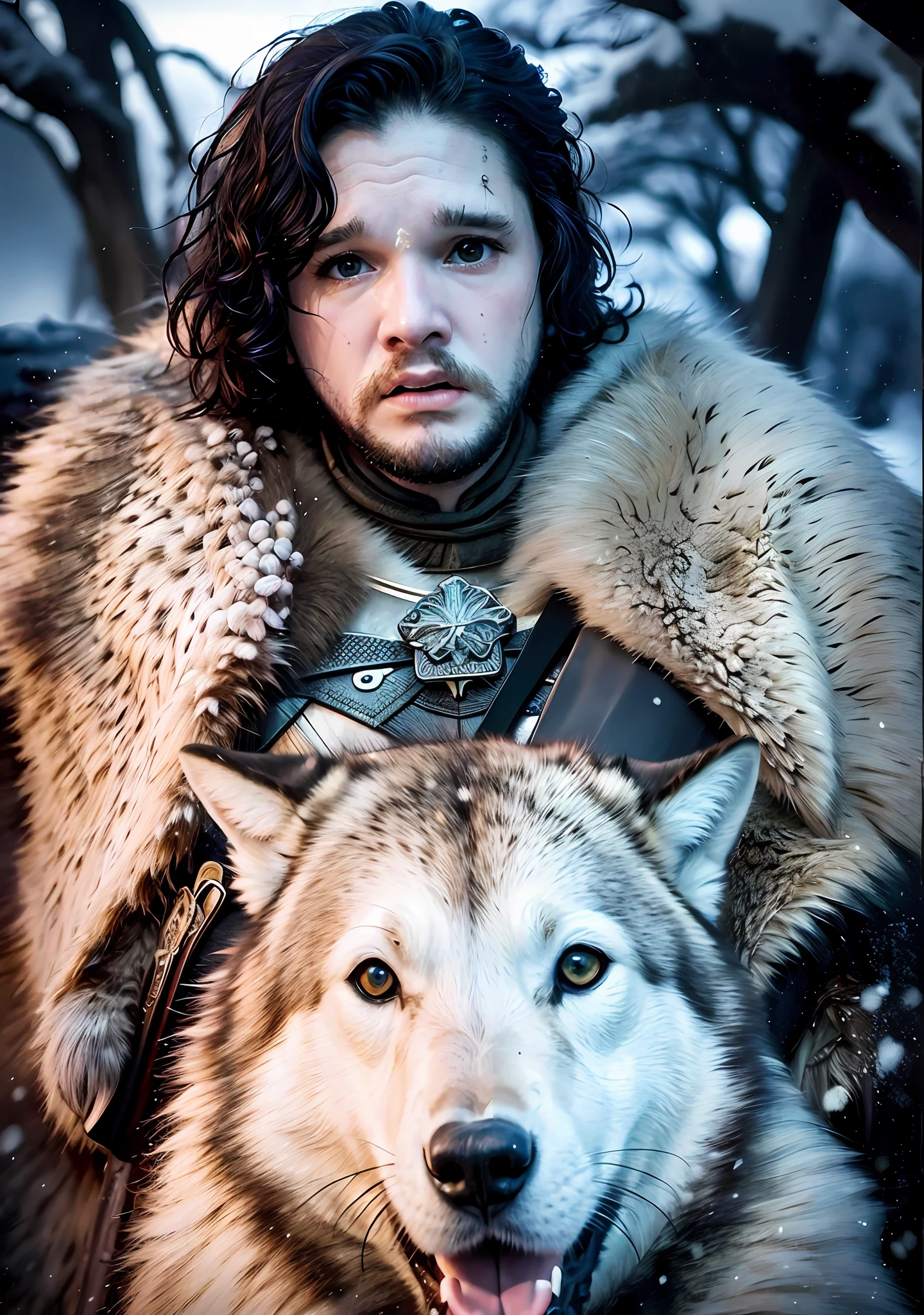 Cinematic poster of Jon Snow holding a sword, accompanied by a white wolf, in the snow. (HDR: 1.4), (cinematic lighting: 1.4), masterpiece, ultra realistic 8K, perfect art, intricate details, sharp focus, detailed face, lights and shadows, vivid colors, award-winning photography, hyperrealistic.