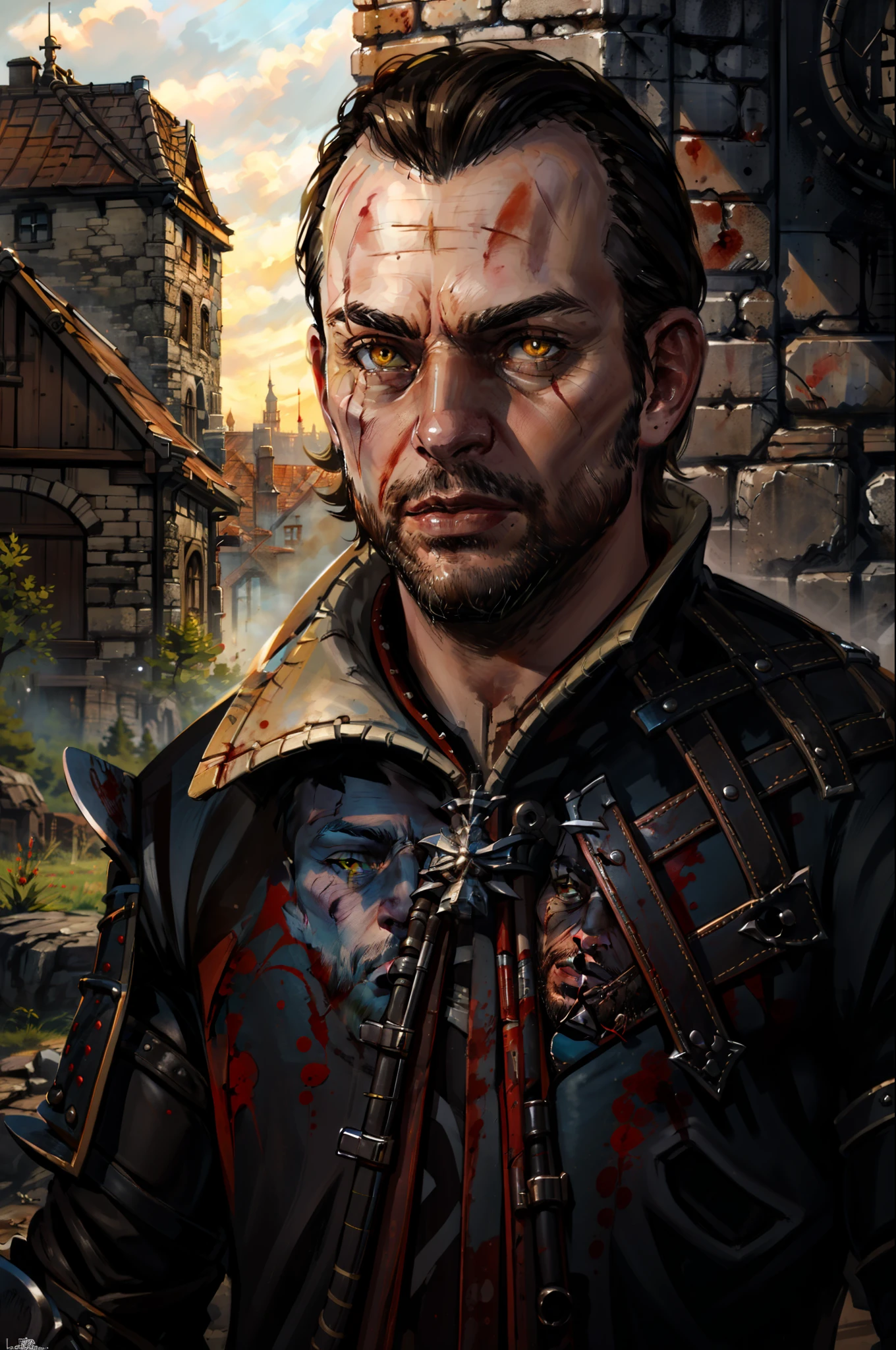 (masterpiece, top quality, best quality, official art, detailed:1.2), lambertW3_soul3142, solo, looking at viewer, yellow eyes, weapon, armor, blood, facial hair, scar, portrait, beard, scar on face, scar across eye