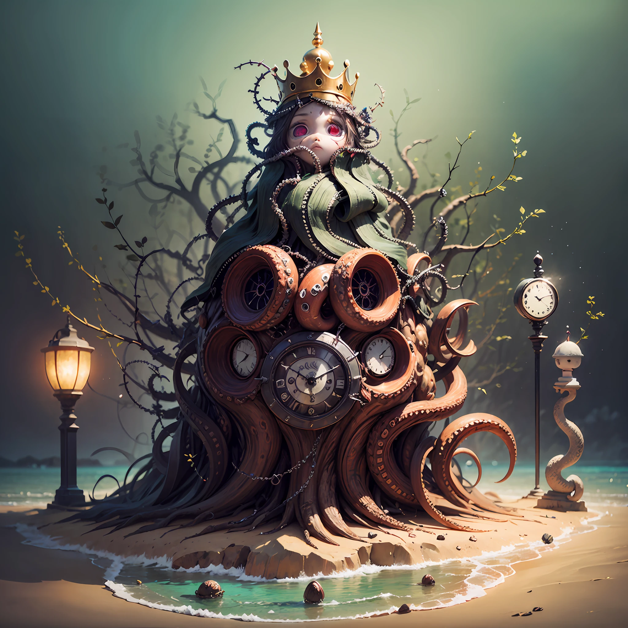 (RAW surrealism, ultra high quality:2),(pointillism),(metamorphosis),A giant ((octopus)) made of [glass: metal: 0.7] and [[[wood]]] BREAK “tentacles” AND “arms” holding various objects such as a ((clock)), a [[book]], a (guitar) and a (sword) BREAK “head” with [human: octopus: 0.3] eyes and a (crown) of (thorns) on a (beach) with (sand) and (water) made of [plastic:paper:0.6] and (unobtainium) --auto --s2
