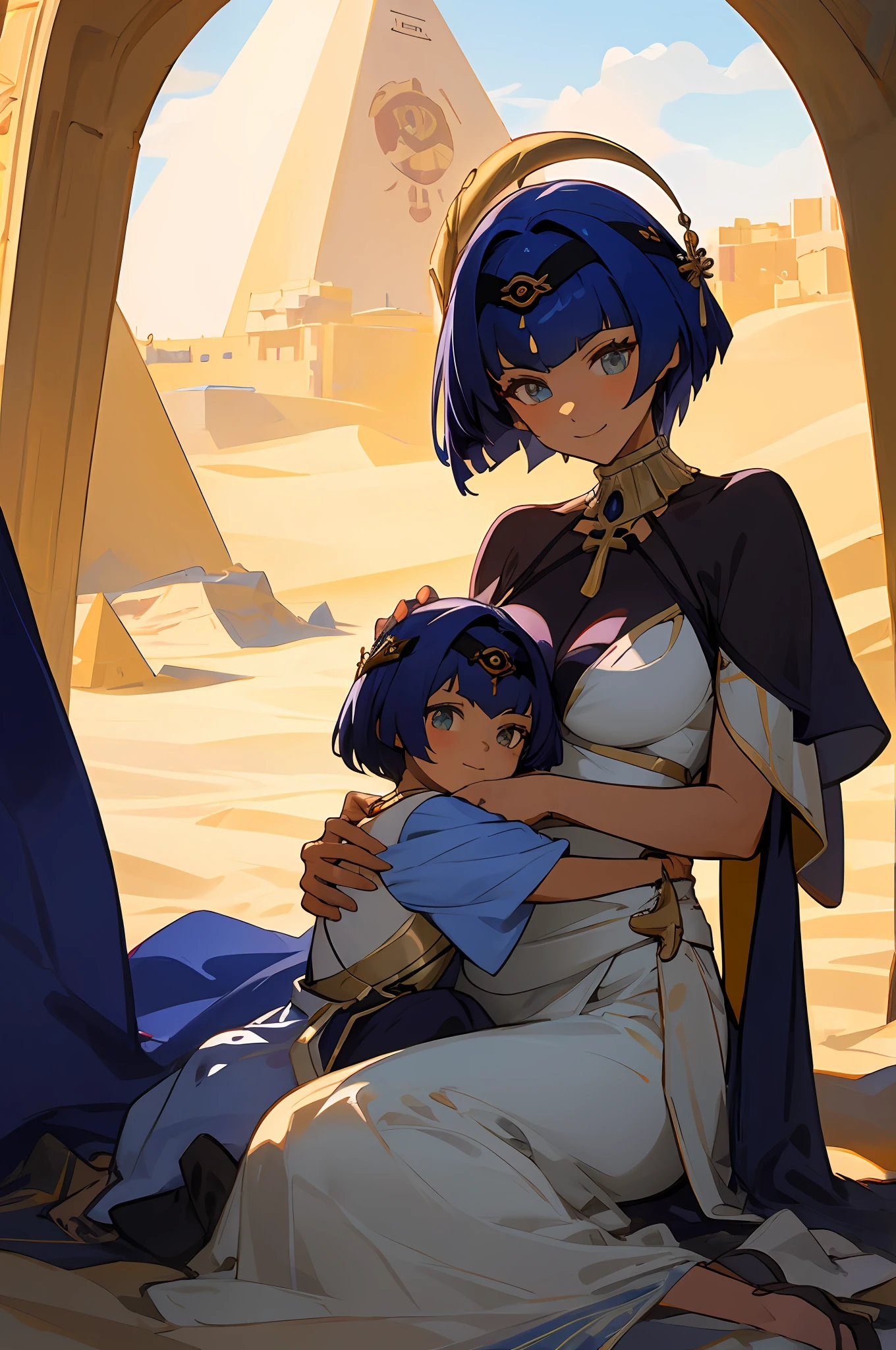 anime image of two women dressed in dress posing for a picture like egyptian desert clothes in summer, beautiful decoration on dress, palace a girl in palace,short hair, blue haired , anime fantasy illustration, from the azur lane videogame, genshin, cabdace detailed art, two beautiful anime girls, slim body, mother and child, symbol of maternal love, mother and child, such as photos of mother and child, smile, desert palace, sitting in the sand house, pyramid, one golden eye, flowering cactus