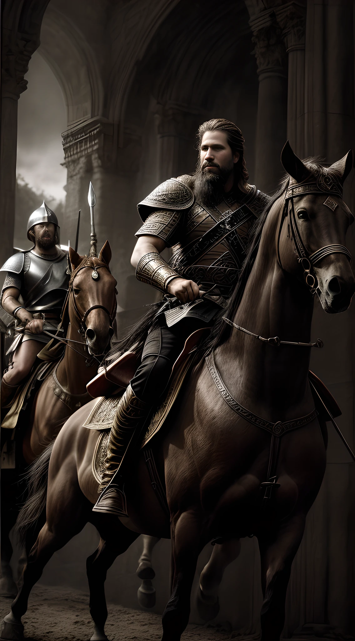 A detailed sketch depicting the legendary King Alaric I leading his Visigoth troops in a historic battle against the Roman Empire in the 5th century. The sketch should convey the grit and determination of both the King and his warriors. King Alaric I should be portrayed in a traditional Germanic attire of 400 AD, with intricate details showcasing the authenticity of the historical period. The art style should embrace a mix of realism and fantasy, incorporating elements of fantasy war illustrations. Use cross-hatching techniques to add depth and texture to the sketch. The camera angle should be a close-up, focusing on the King's fierce expression and battle scars. Lighting should be moody and atmospheric, with dim light casting shadows on the characters. Resolution: 4K. Art inspirations: Alan Lee, John Howe, and Frank Frazetta.