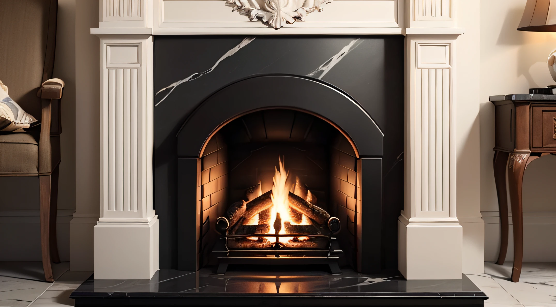 Create a detailed description of a fireplace made of marble, where the main highlight is in the shiny black marble. The fireplace should convey elegance and sophistication, standing out as a unique and luxurious piece.

Describe the black marble used in the fireplace accurately, highlighting the soft sheen and depth of color. Emphasize how the polished surface reflects light, creating a stunning effect. Convey the feeling of quality and refinement that black marble provides to the object.

When describing the fireplace, highlight its elegant shape and functionality. Describe the details of the handle and beak, highlighting how these elements integrate harmoniously into the object's design. Be sure to mention the perfect combination between the durability of the marble and the practicality of the fireplace.

Capture readers' attention with the photographic description of the marble fireplace. Describe the angles, framing, and focus of the camera, highlighting the beauty and brilliance of black marble. Use lighting strategically to enhance the bright aspect of the material --auto