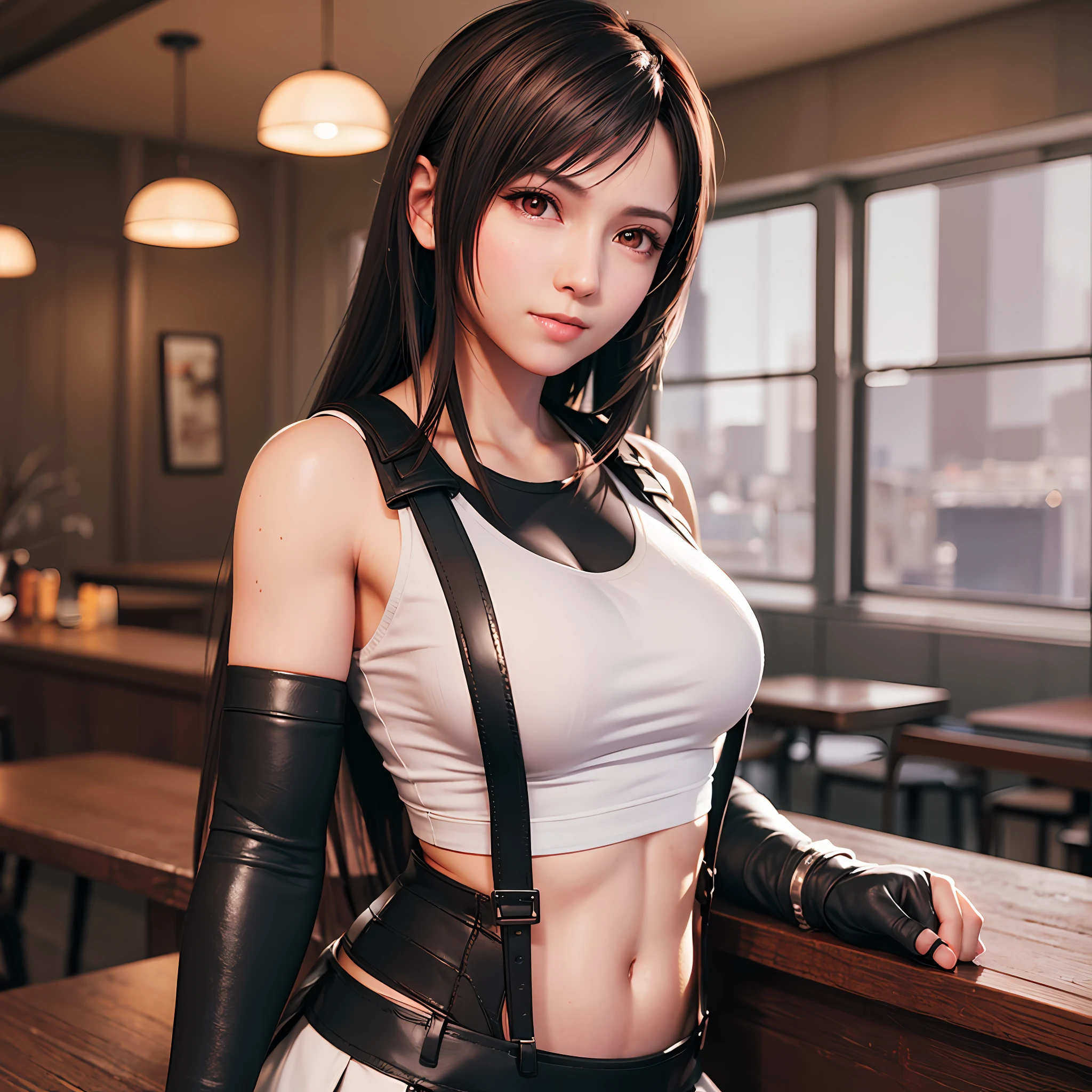 8k,masterpiece, bset quality,big, (1 girl), tifa lockhart, red_eyes, black hair, long hair, shiny skin, shiny big, ((best quality)), crisp focus: 1.2, highly detailed face and skin texture, detailed eyes, perfect face, perfect body, art, cg, blur background, big with presence, (20yo, Mature cool and beautiful face), wearing ((suspender black skirt)),(( black elbow gloves, white taut shirt, thigh-hai, white tank top, navel, blush)), jukebox, old bar, upper body, smile, professional light source, fluttering hair,
