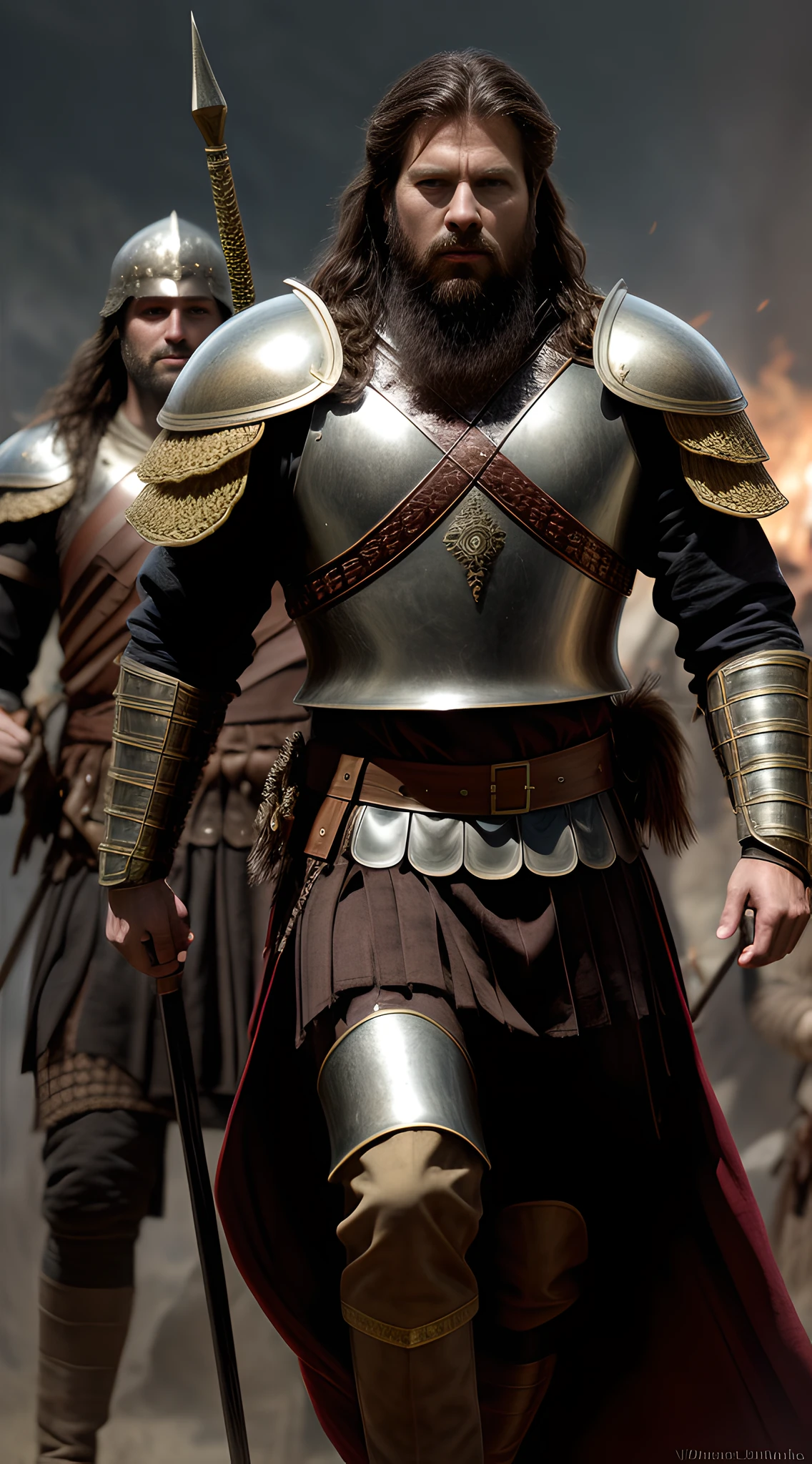 A detailed sketch depicting the legendary King Alaric I leading his Visigoth troops in a historic battle against the Roman Empire in the 5th century. The sketch should convey the grit and determination of both the King and his warriors. King Alaric I should be portrayed in a traditional Germanic attire of 400 AD, with intricate details showcasing the authenticity of the historical period. The art style should embrace a mix of realism and fantasy, incorporating elements of fantasy war illustrations. Use cross-hatching techniques to add depth and texture to the sketch. The camera angle should be a close-up, focusing on the King's fierce expression and battle scars. Lighting should be moody and atmospheric, with dim light casting shadows on the characters. Resolution: 4K. Art inspirations: Alan Lee, John Howe, and Frank Frazetta.