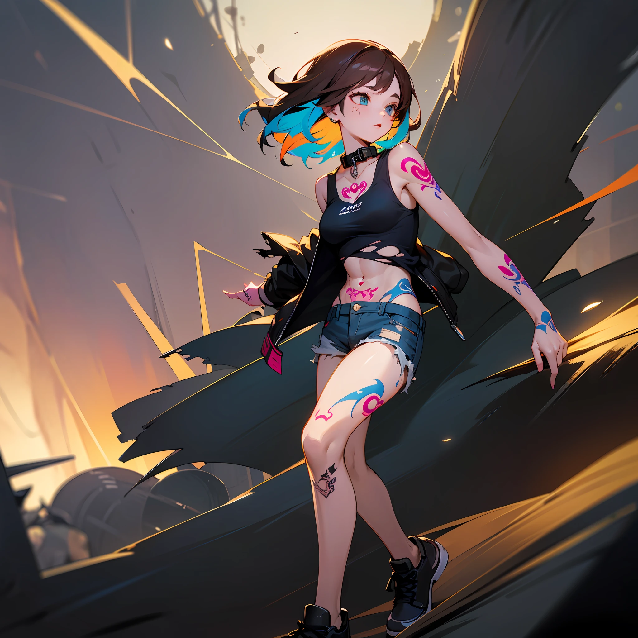 ((medium breast, tomboy girls, small head)),  (chiseled abs : 1.1), (perfect body : 1.1), (short wavy hair : 1.2) , auburn hair, collar, chain, full body shot, crowded street, wearing black tanktop, jeans jacket, (torn clothes:1.3)((shorts)), (extremely detailed CG 8k wallpaper), (an extremely delicate and beautiful), (masterpiece), (best quality:1.0), (ultra highres:1.0),  beautiful lighting ,perfect lightning, realistic shadows, [highres], detailed skin, ultra-detailed (((colorful))),(tattoo all:1.5), --auto