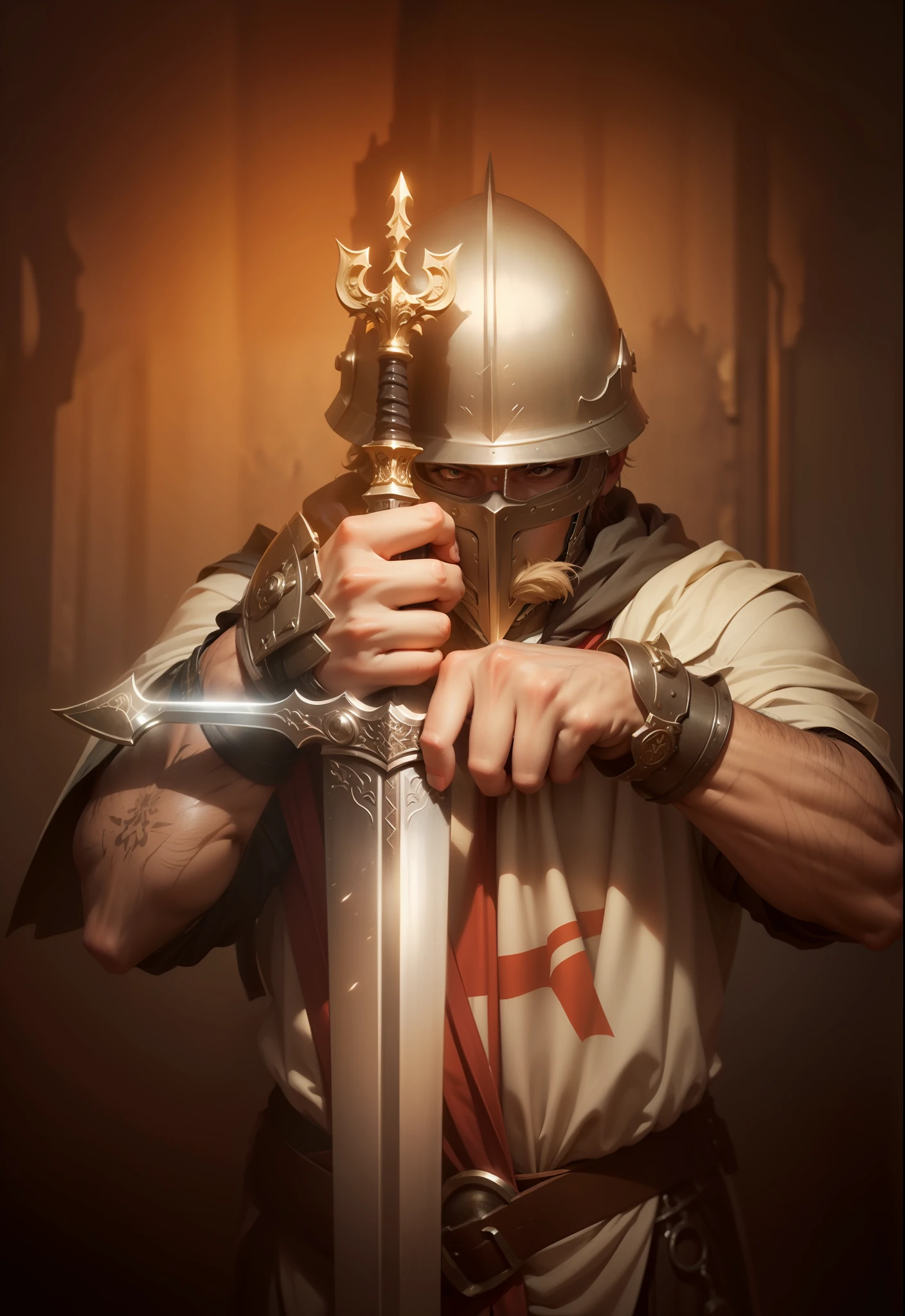 Warrior, armor, templar, religious, beautiful look, focus on face, sword-wielding, sword near face, male, hunk, muscular, details in helmo, best quality, masterpiece, serious face, praying, scroll below, parchment paper in harmony under warrior, ultra detailed helmet, detailed face, powerful look, best quality:1.2, ultra realistic, high revolution, award-winning, shadow, volumetric lighting, Beautiful and Aesthetic, Photography, Cinematic, 8K --auto
