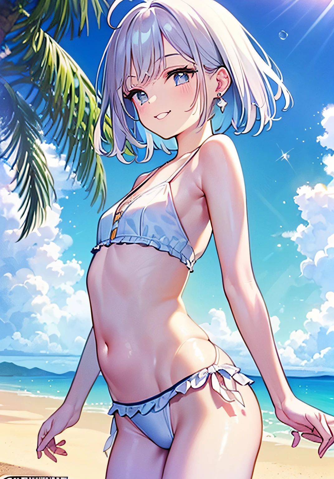 (((Masterpiece)), (((Highest Quality)), (((Very delicate and beautiful)), (Highly detailed CG Unity 8K wallpaper: 1.3), Very delicate light, (Backlight), (Steampunk),

/=、
(Cowboy Body)), (1 Loli: 1.3), Solo, (Petite), (Small), White Swimsuit, High Waist Shorts, White Hair, Blue Eyes, Earrings, (Wavy Curly Short Hair), (Ahoge), (Cute Face: 1.114), (Fine Eyes: 1.15), (Cute Face: 1.114)
, (beautiful fine eyes and beautiful face: 1.15),
The girl is smiling and looks happy in a beautiful tropical landscape. Behind her, the sun is setting, casting a warm glow on the scene, creating a dreamy atmosphere. In the distance, palm trees sway in the breeze, creating a leisurely retro atmosphere, such as sand, sun, beach, sea, horizon, etc.

Highly detailed ray tracing