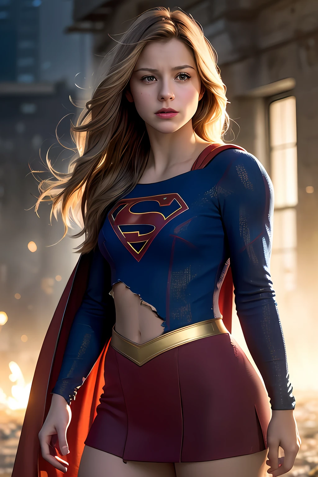 melissa Benoist, 8k, best quality, real image, intricate detail, ultra-detail, ultra-high resolution, depth field, (realistic, realistic: 1.2), masterpiece, photo 1girl, supergirl, injured, superhero, realistic, torn clothes, red kimono, (dirty, bruised, blood: 1.3), blue eyes, blonde, long hair, serious, angry, solo, (exposed torn clothes, torn clothes: 1.3), ruined city background, best quality, realistic, Realism, (complex details: 1.2), (fine details), (movie light), clear lines, sharp focus, realistic face, detailed beautiful face
