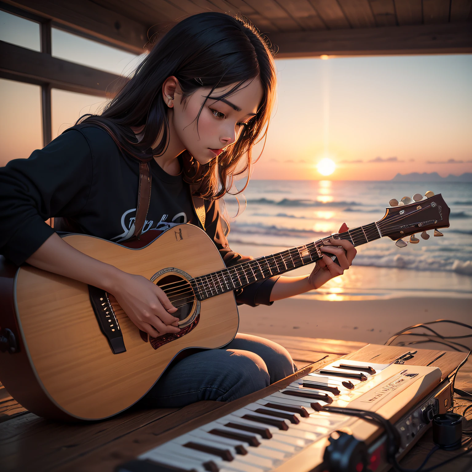 A motivational music banner for YouTube with a majestic setting sun radiating its golden rays over a serene beach, the calm and shimmering sea embracing the soft sand, while a solitary figure, a talented musician, plays a guitar with passion and expression, capturing the essence of inspiring music, Photography, realistic style, 85mm telephoto lens, --ar 16:9 --v 5 --auto