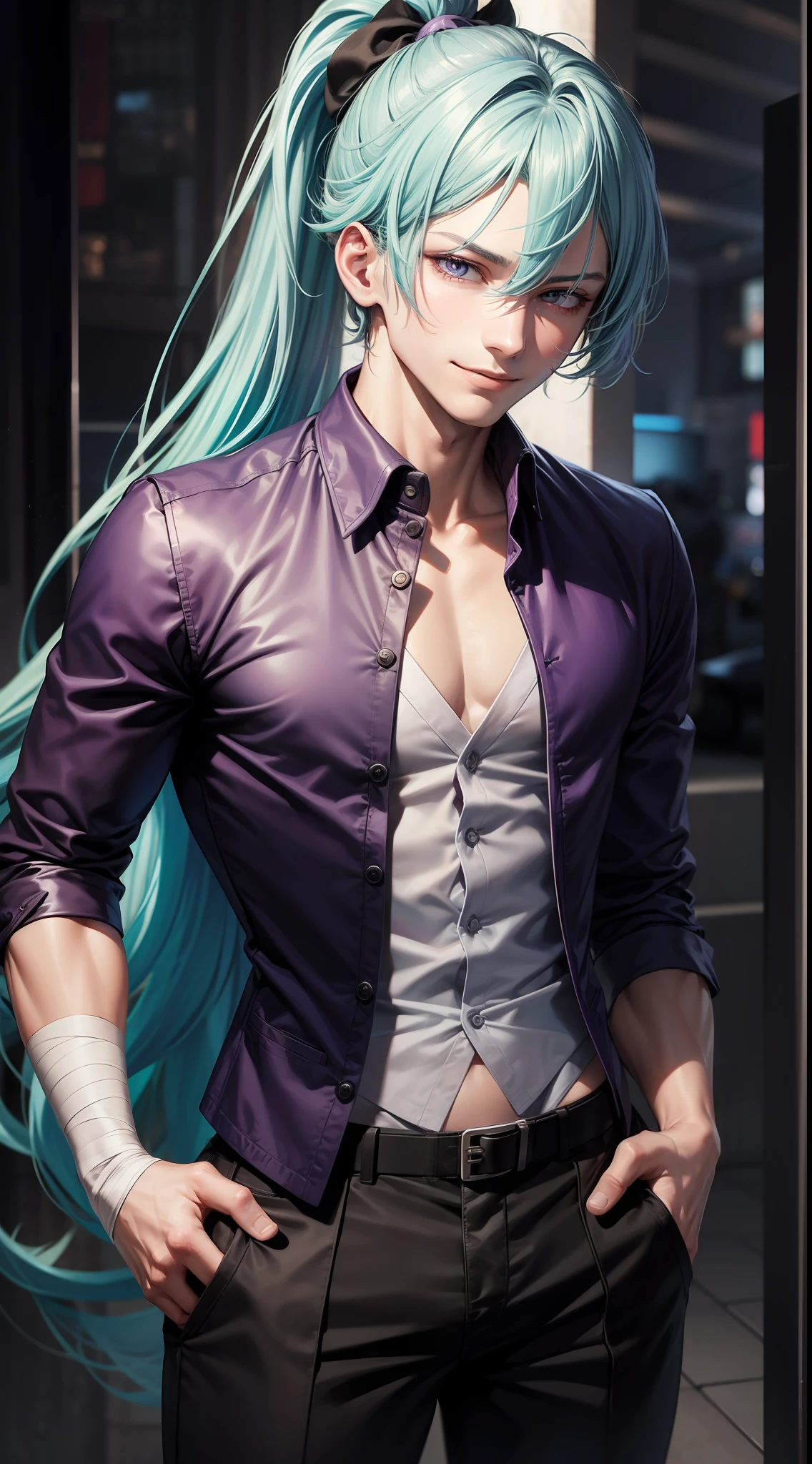 Young guy, long light blue hair, high ponytail, purple eyes, smirk, purple open shirt, black pants, bandages on his hands, masterpiece, high quality