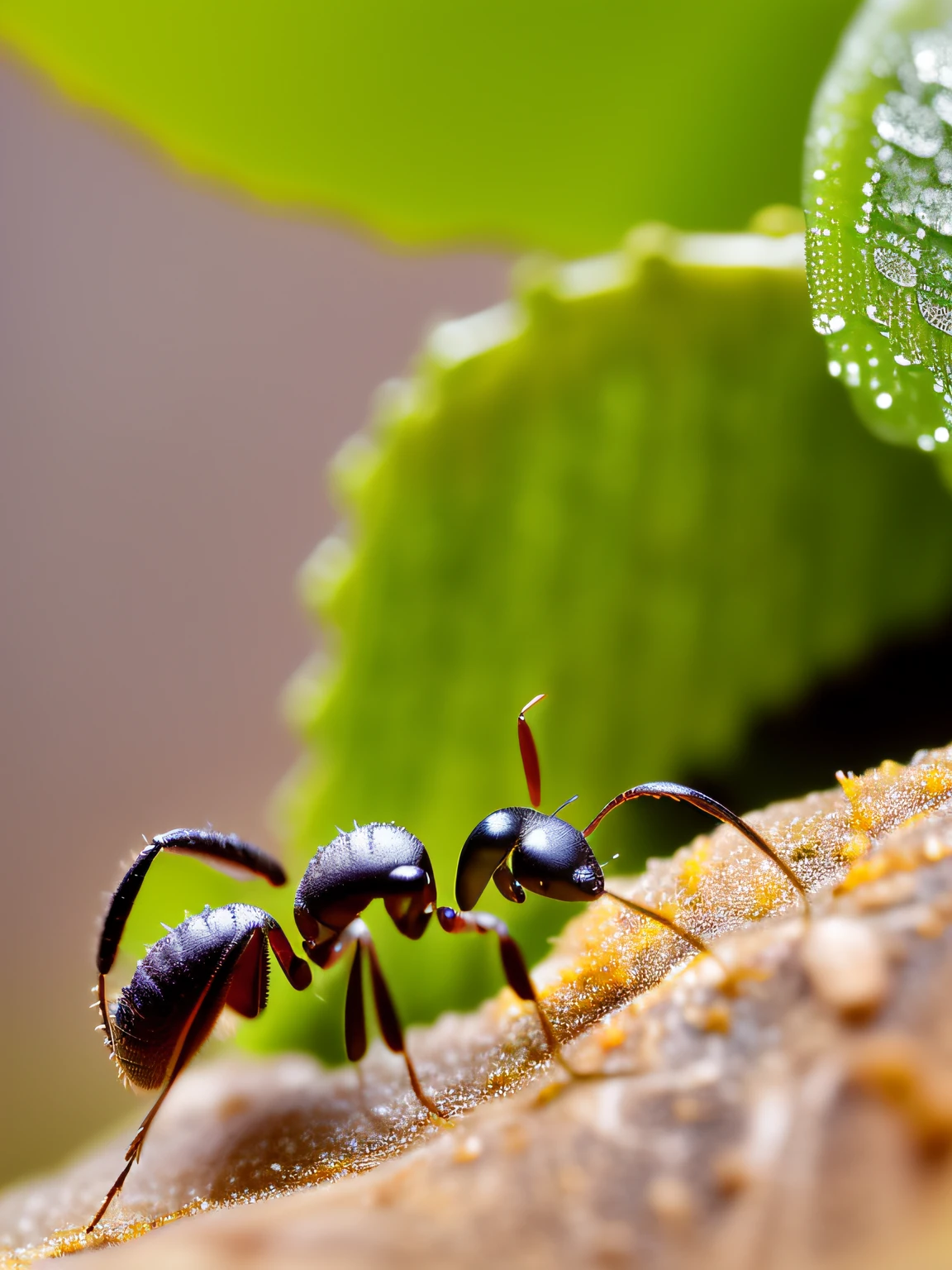 Capture an ultra-realistic photograph of several ants carrying a leaf towards the anthill, accompanied by other ants that do the same activity and harmonize perfectly with the external environment.they exhibit a connection with nature and simplicity. A serene landscape, perhaps a lush garden or a sunny field. The soft sunlight illuminates, creating soft shadows and highlighting the ants. (cold morning: 1.1), (morning dew: 1.15), realistic photography, (discreet photography: 1.2), detailed, 8k, intricate bristling feathers, water drops on feathers, (to8contrast style), (mist: 0.7), vivid colors, Sony a6600 Mirrorless Camera, embellish2