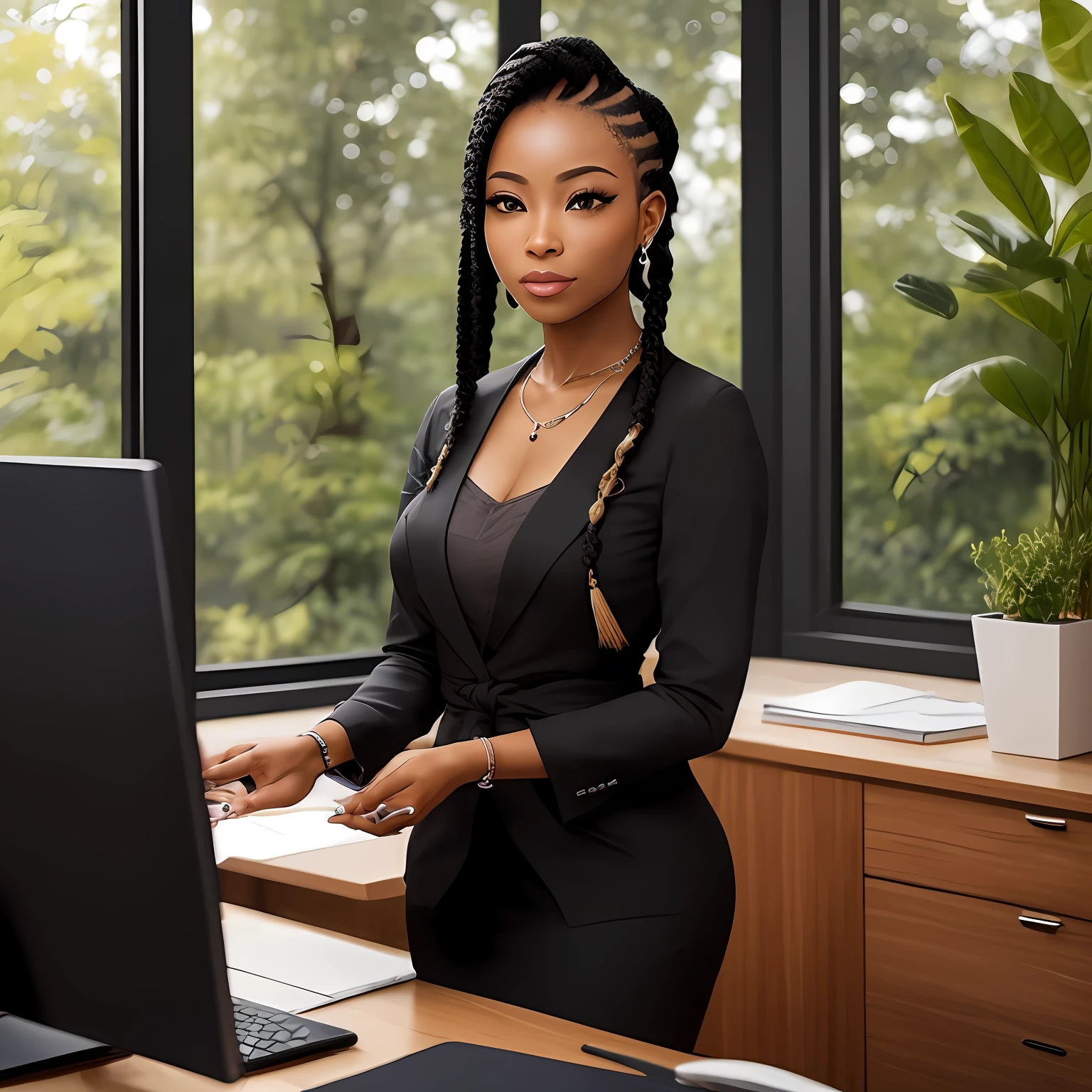 an elegant 30-year-old black therapist with long black braids and natural-looking eyelashes in a kind of Zen office with outdoor environments --auto
