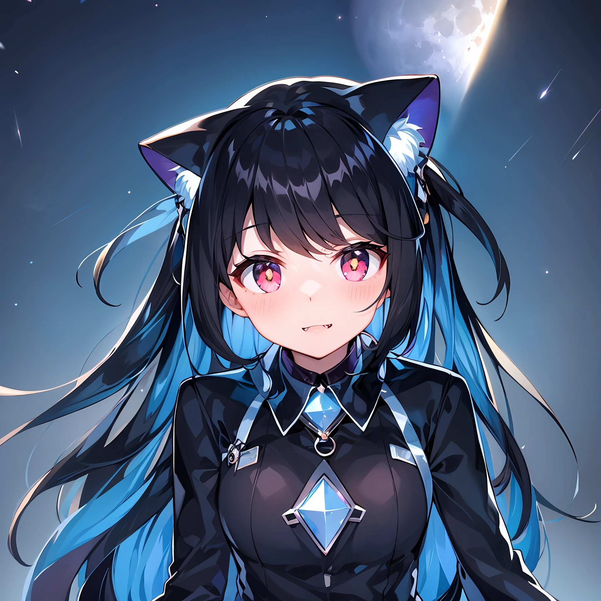 Black hair, space backdrop, big moon, fangs