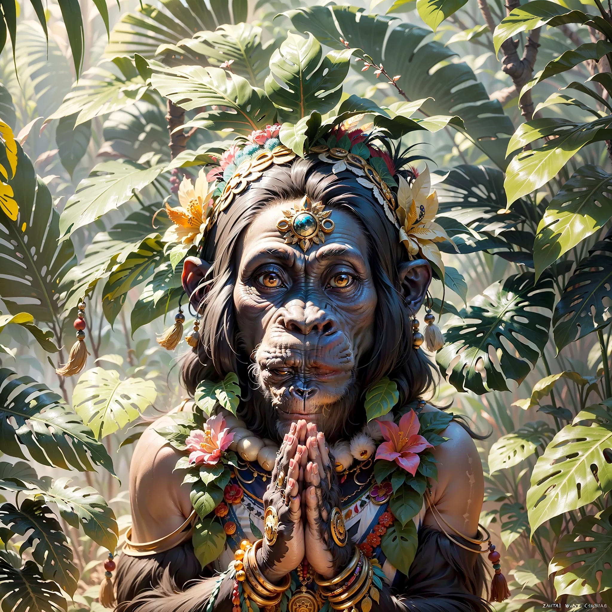 Chimpanzee ((indigenous),, ((with praying hands)),, chimpanzee hands, hair with details, with indigenous headdress on the head, ((meditating)) colorful feathers, facing the camera, detail: dense tropical foliage, highly detailed intricate, ((masterpiece)), ultra hyperrealistic, masterpiece