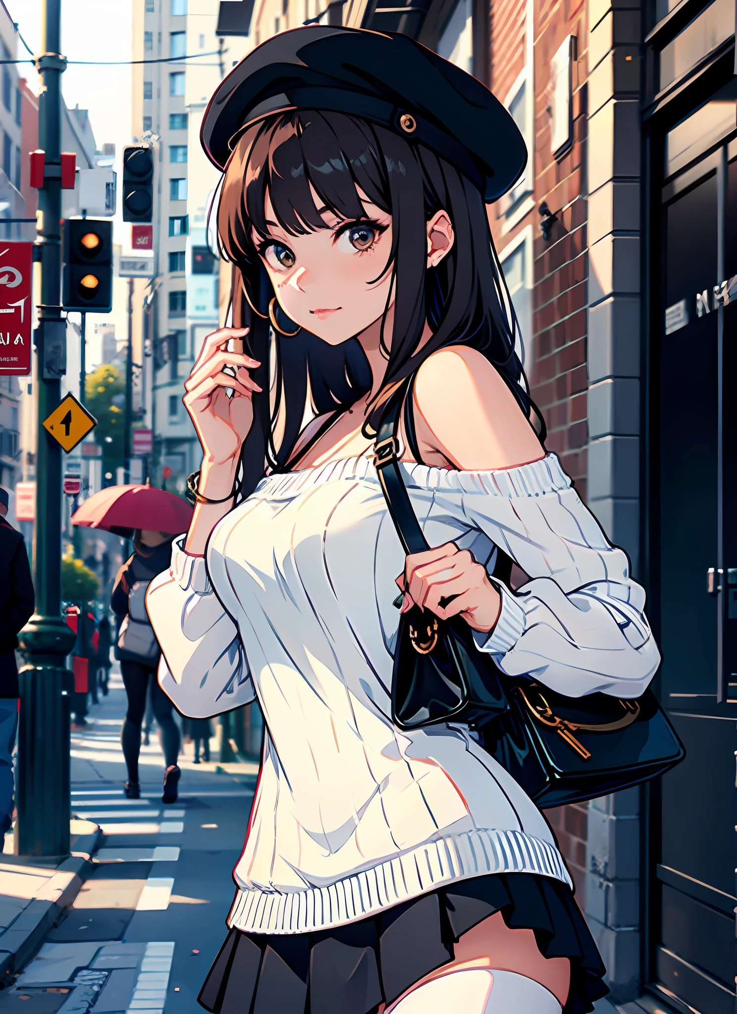 masterpiece, best quality,
1girl, bag, upper_body, street, bangs, bare_shoulders, beret, black_footwear, black_headwear, brown_eyes, brown_hair, closed_mouth, handbag, hat, holding, long_hair, long_sleeves, looking_at_viewer, off_shoulder, shoes, skirt, sleeves_past_wrists, socks, solo, sweater, white_legwear