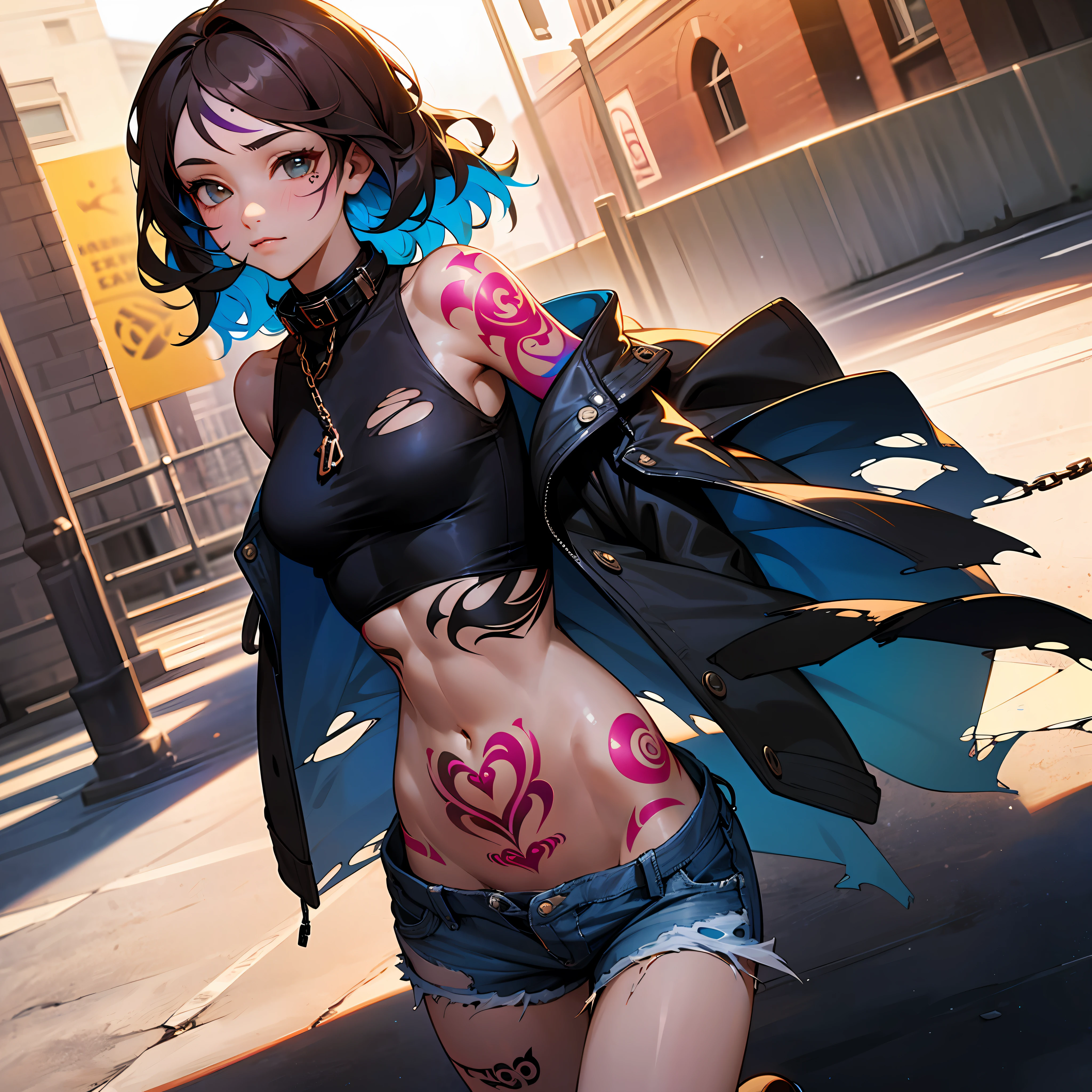 ((medium breast, tomboy girls, small head)),  (chiseled abs : 1.1), (perfect body : 1.1), (short wavy hair : 1.2) , auburn hair, collar, chain, full body shot, crowded street, wearing black tanktop, jeans jacket, (torn clothes:1.3)((shorts)), (extremely detailed CG 8k wallpaper), (an extremely delicate and beautiful), (masterpiece), (best quality:1.0), (ultra highres:1.0),  beautiful lighting ,perfect lightning, realistic shadows, [highres], detailed skin, ultra-detailed (((colorful))),(tattoo all:1.5), --auto