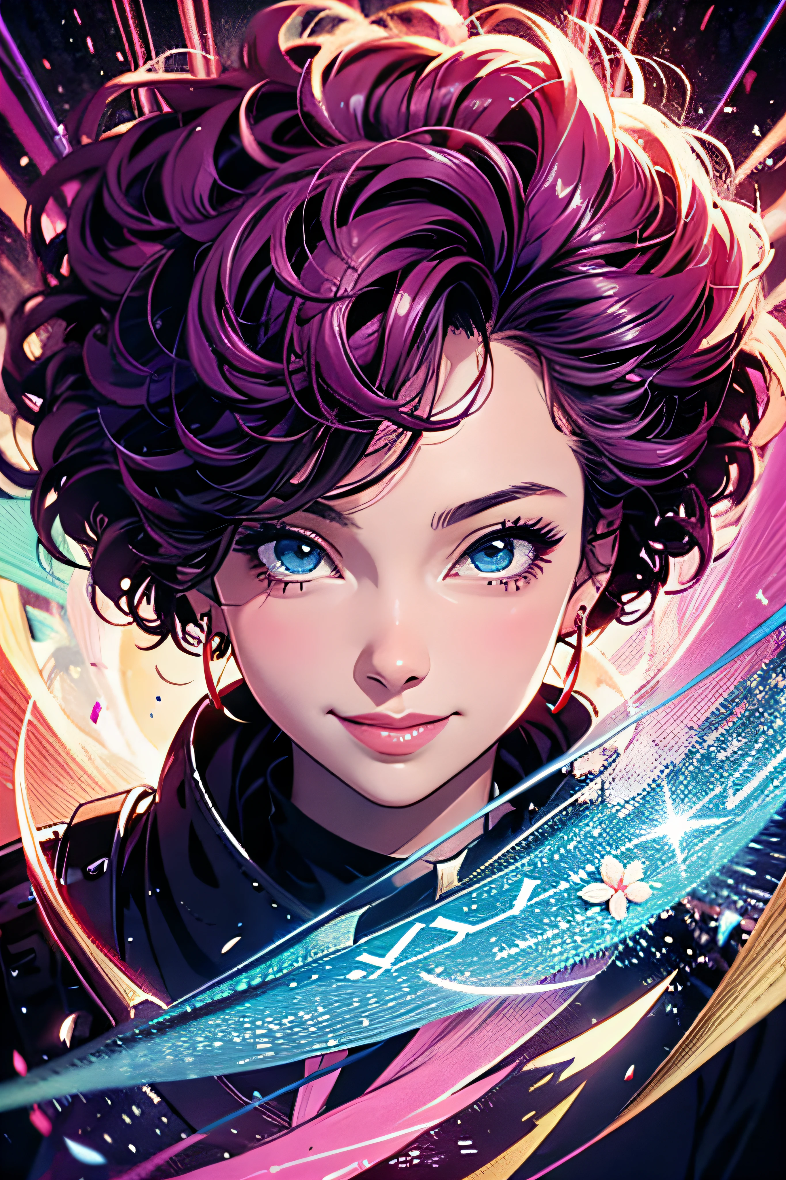 afro woman, mage, smile very happy, good wind and earth, great armor robe purple and yellow, wide shot, head front, centered, detailed gorgeous face, anime style, key visual, intricate detail, highly detailed, breathtaking, vibrant, panoramic, cinematic, Carne Griffiths