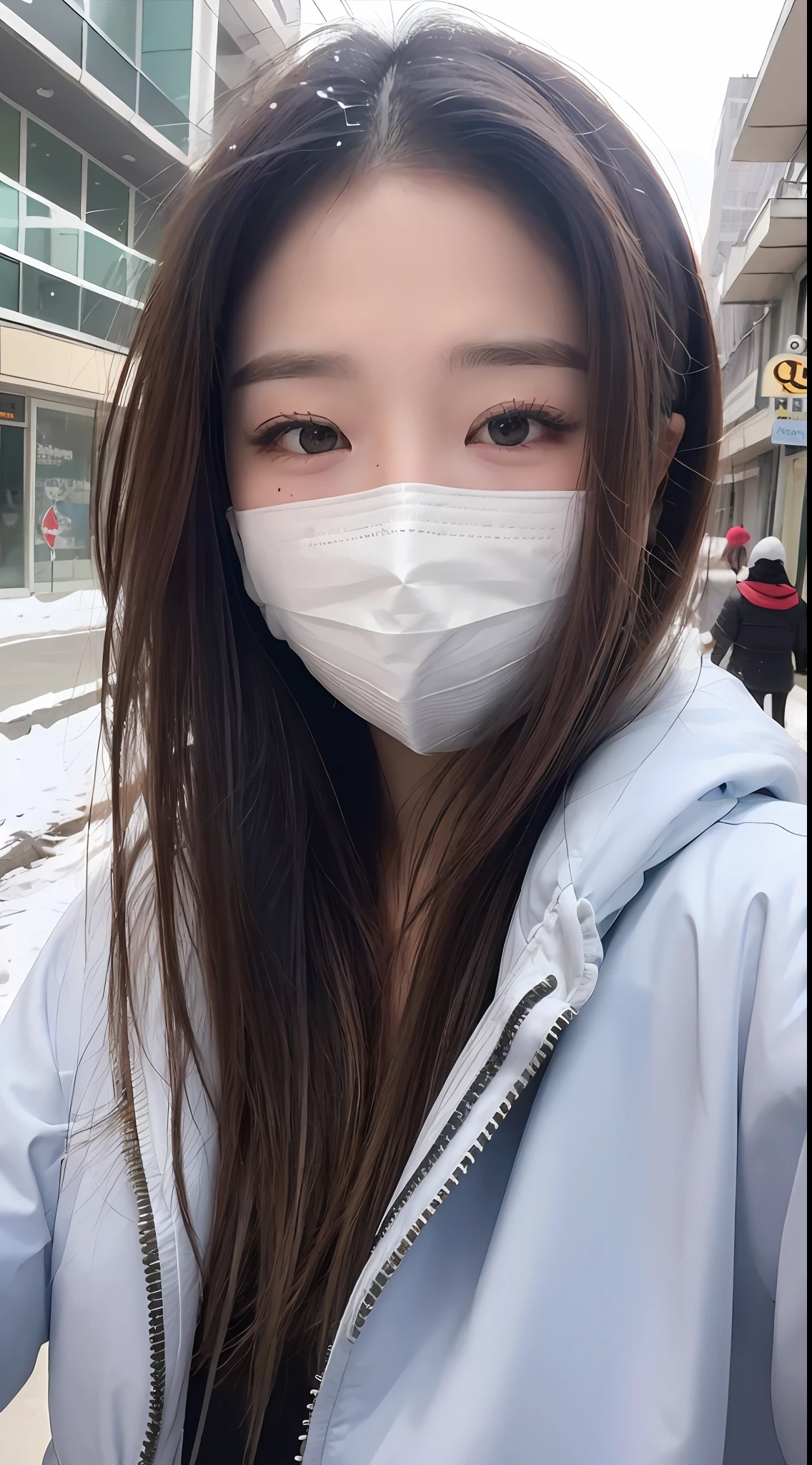 ((Best quality, 8k, Masterpiece :1.3)), Sharp focus:1.2, Perfect Body Beauty:1.4, Slim Abs:1.2, ((Layered hairstyle, with mask: 1.2)), (White down jacket:1.1 ), (Snow, street:1.2), Highly detailed face and skin texture, Detailed eyes, Double eyelids, slightly raised head,