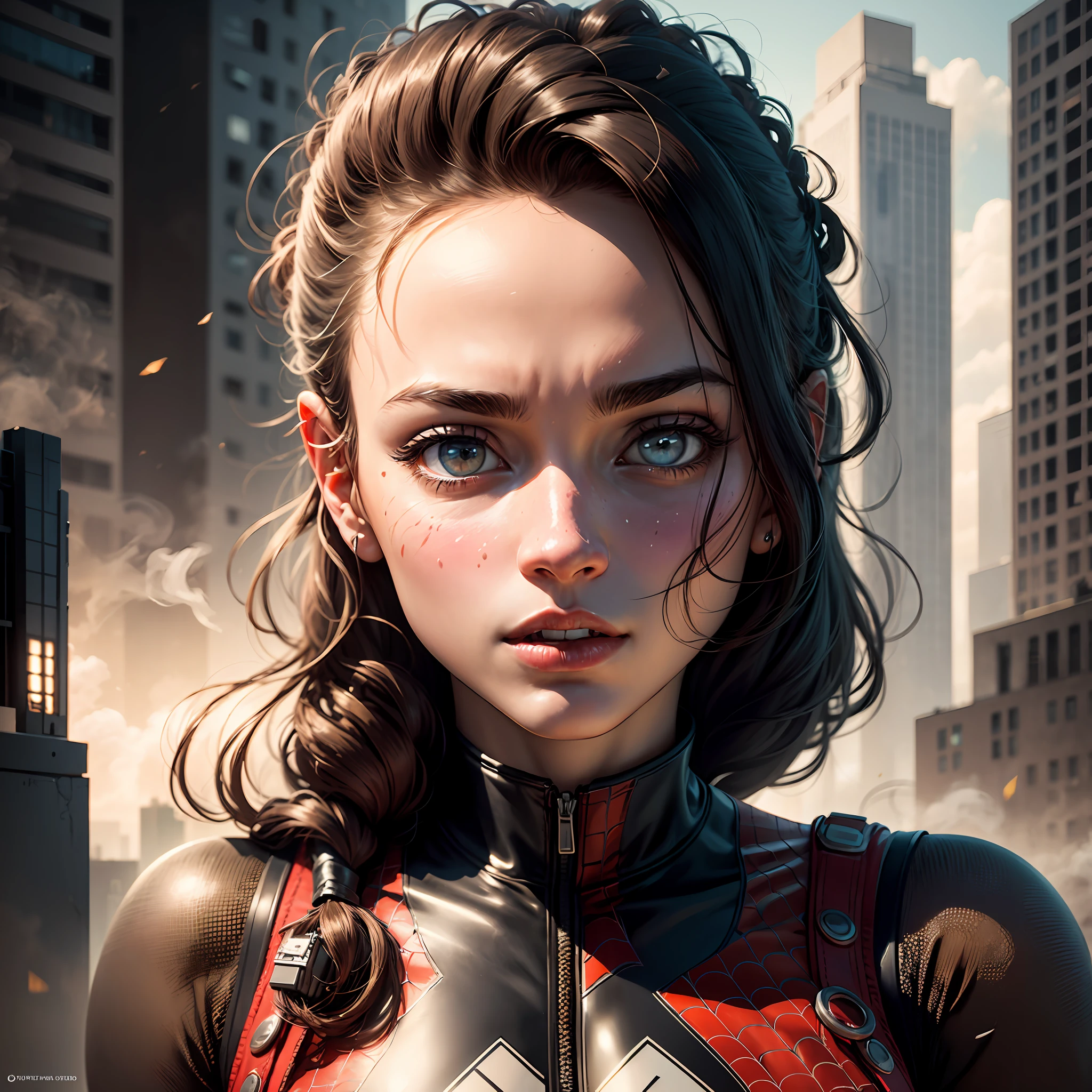 (1girl:1.3), Solo, (((Very detailed face)))), ((Very detailed eyes and face)))), Beautiful detail eyes, Body parts__, Official art, Unified 8k wallpaper, Super detailed, beautiful and beautiful, beautiful, masterpiece, best quality, original, masterpiece, super fine photo, best quality, super high resolution, realistic realism, sunlight, full body portrait, amazing beauty, dynamic pose, delicate face, vibrant eyes, (from the front), She wears Spider-Man suit, red and black color scheme, spider, very detailed city roof background, rooftop, overlooking the city, detailed face, detailed complex busy background, messy, gorgeous, milky white, highly detailed skin, realistic skin details, visible pores, clear focus, volumetric fog, 8k uhd, DSLR, high quality, film grain, fair skin, photo realism, lomography, futuristic dystopian megalopolis, translucent --auto