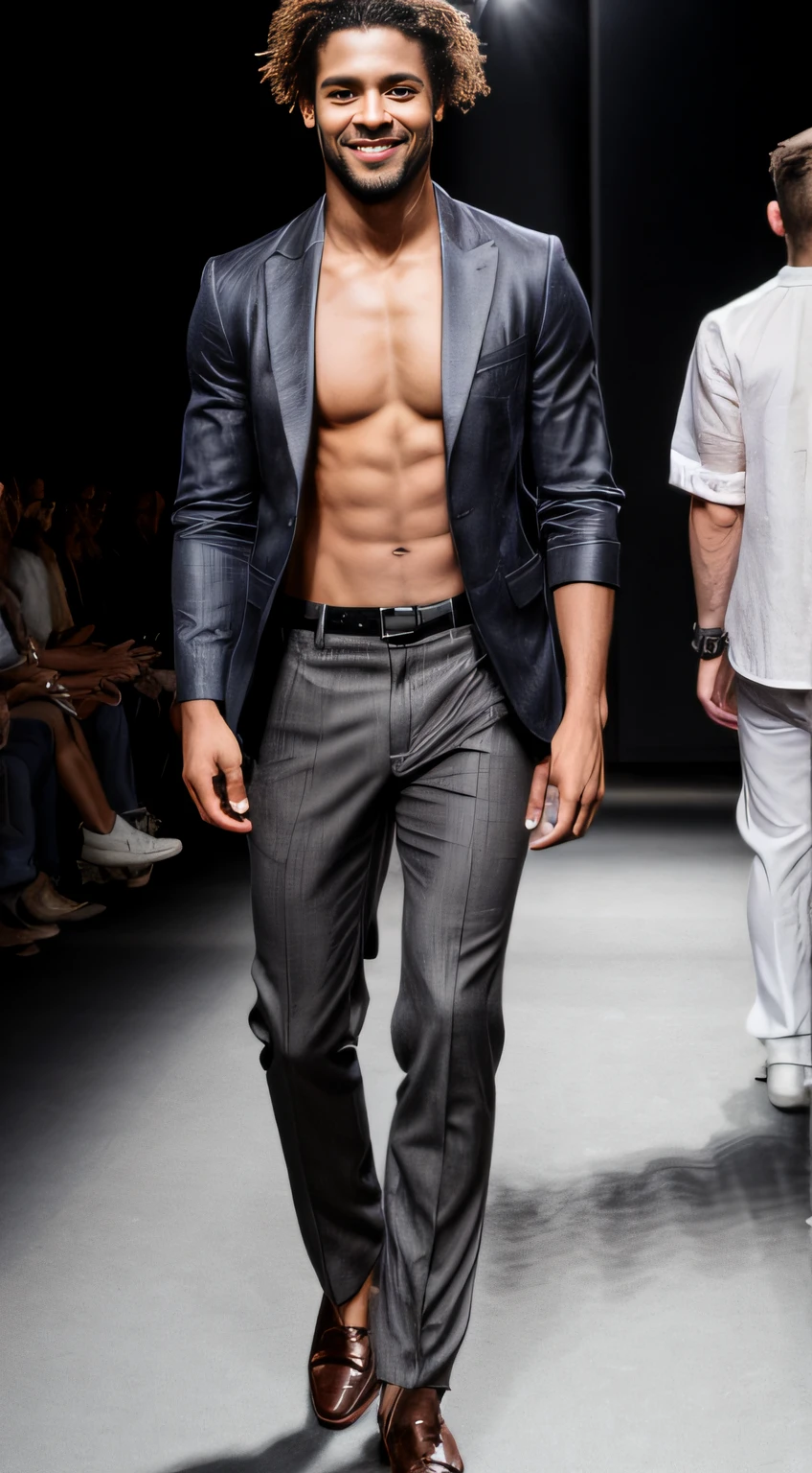 Man parading without T-shirt and white linen pants, fashion show, Milan fashion, show, sexy and charismatic, smiling, hippie