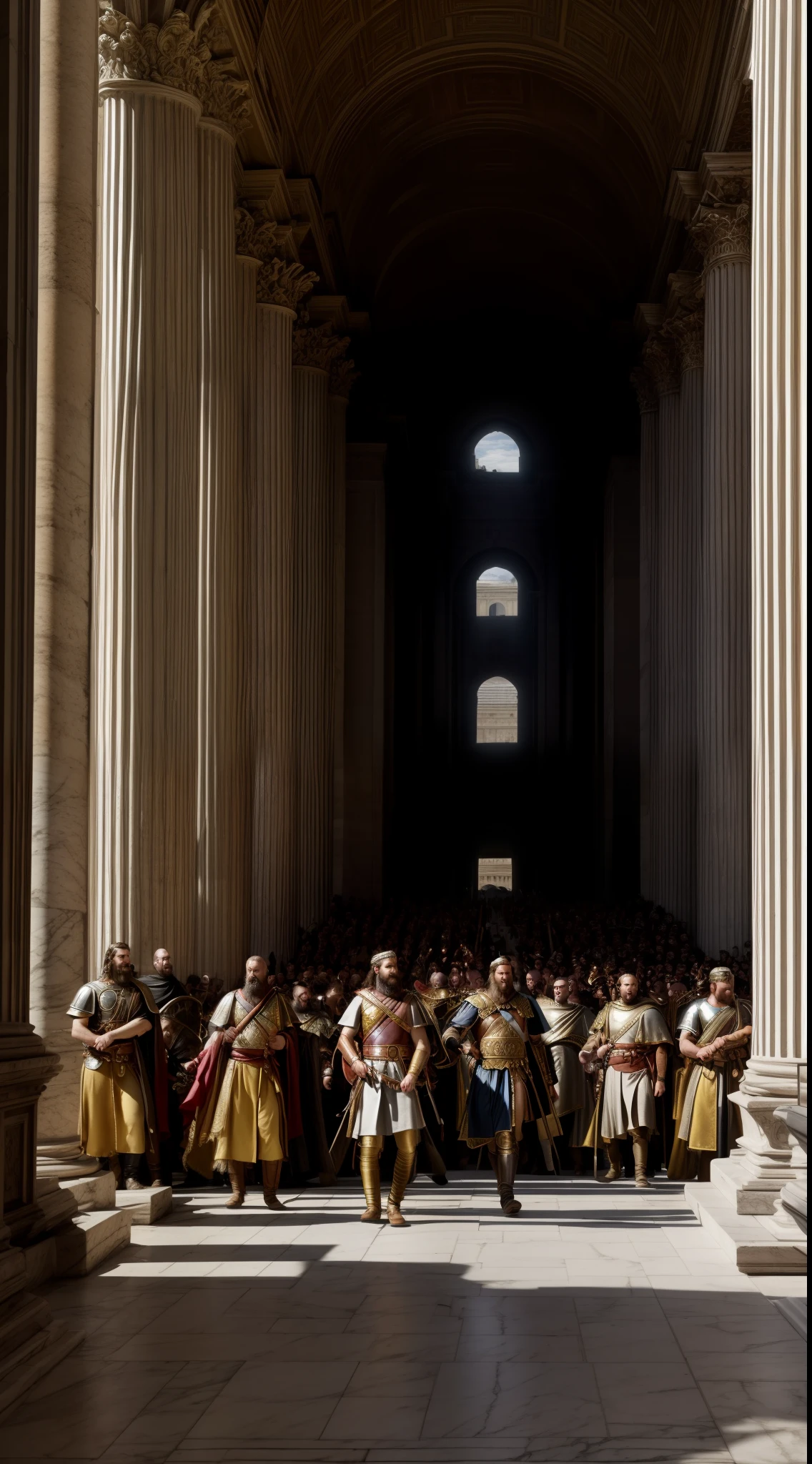 A monumental portrayal of the city of Rome being sacked by King Alaric I and his Visigoth warriors in the 5th century. This image should convey the historical significance of the event, combining elements of realism with artistic interpretation. The art style should blend elements of classical and medieval aesthetics, capturing the grandeur of Rome's architecture juxtaposed with the chaos of war. Inspired by the works of historical painters such as Jacques-Louis David and Gustave Doré, the image should have a dramatic composition and a strong sense of narrative. The camera shot should be a medium shot, focusing on King Alaric I in his Germanic attire, surrounded by his warriors engaged in the battle. The rendering should emphasize intricate details, such as the texture of the stone buildings, the ornate designs on Alaric I's armor, and the expressions of triumph and determination on the faces of the Visigoth warriors. The lighting should be reminiscent of the classical era, with a combination of natural and artificial light sources, casting shadows that add depth and dimension to the scene.