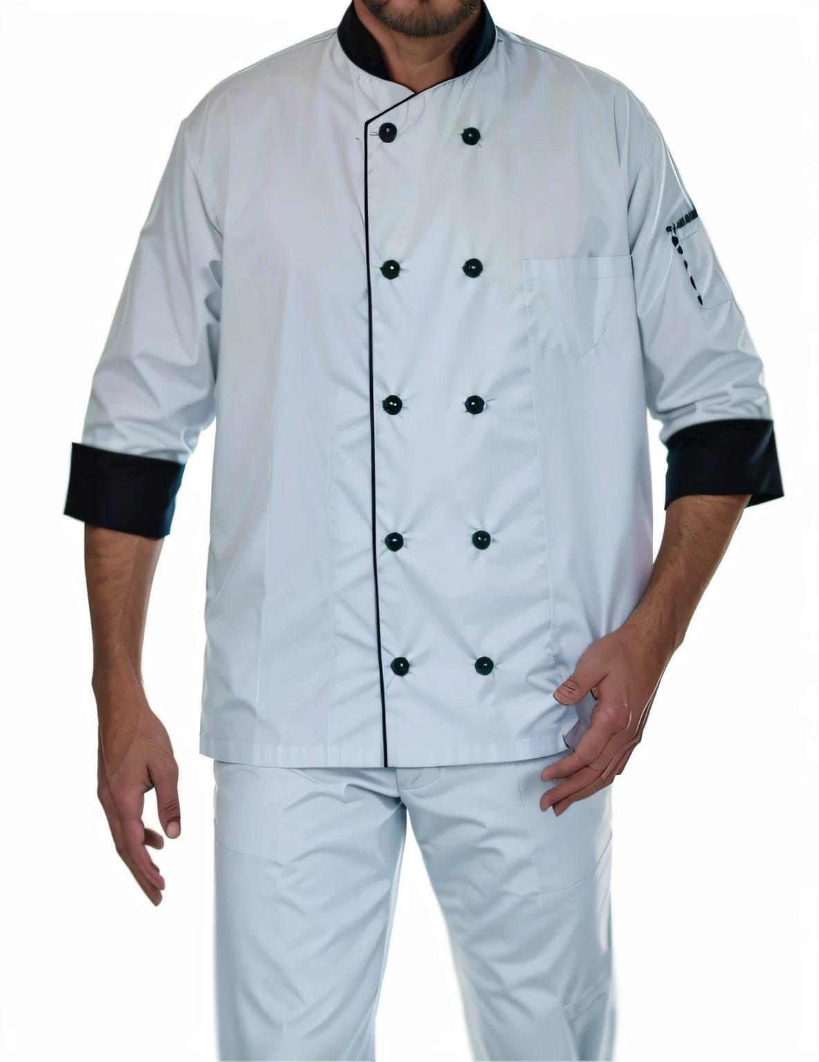 A closeup of a handsome man in white chef uniform walking to a photo, white uniform, 3127318783, lab coat and T-shirt, best chef, white sleeves, 3156350975, 3274589695, pelisse