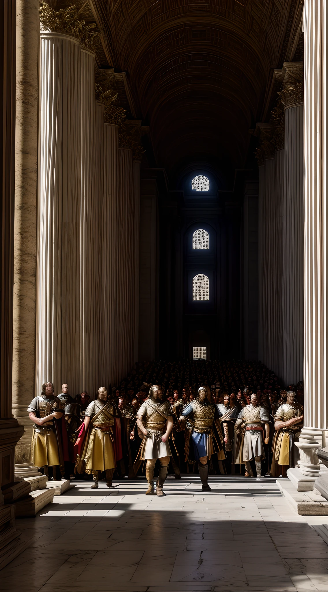 A monumental portrayal of the city of Rome being sacked by King Alaric I and his Visigoth warriors in the 5th century. This image should convey the historical significance of the event, combining elements of realism with artistic interpretation. The art style should blend elements of classical and medieval aesthetics, capturing the grandeur of Rome's architecture juxtaposed with the chaos of war. Inspired by the works of historical painters such as Jacques-Louis David and Gustave Doré, the image should have a dramatic composition and a strong sense of narrative. The camera shot should be a medium shot, focusing on King Alaric I in his Germanic attire, surrounded by his warriors engaged in the battle. The rendering should emphasize intricate details, such as the texture of the stone buildings, the ornate designs on Alaric I's armor, and the expressions of triumph and determination on the faces of the Visigoth warriors. The lighting should be reminiscent of the classical era, with a combination of natural and artificial light sources, casting shadows that add depth and dimension to the scene.