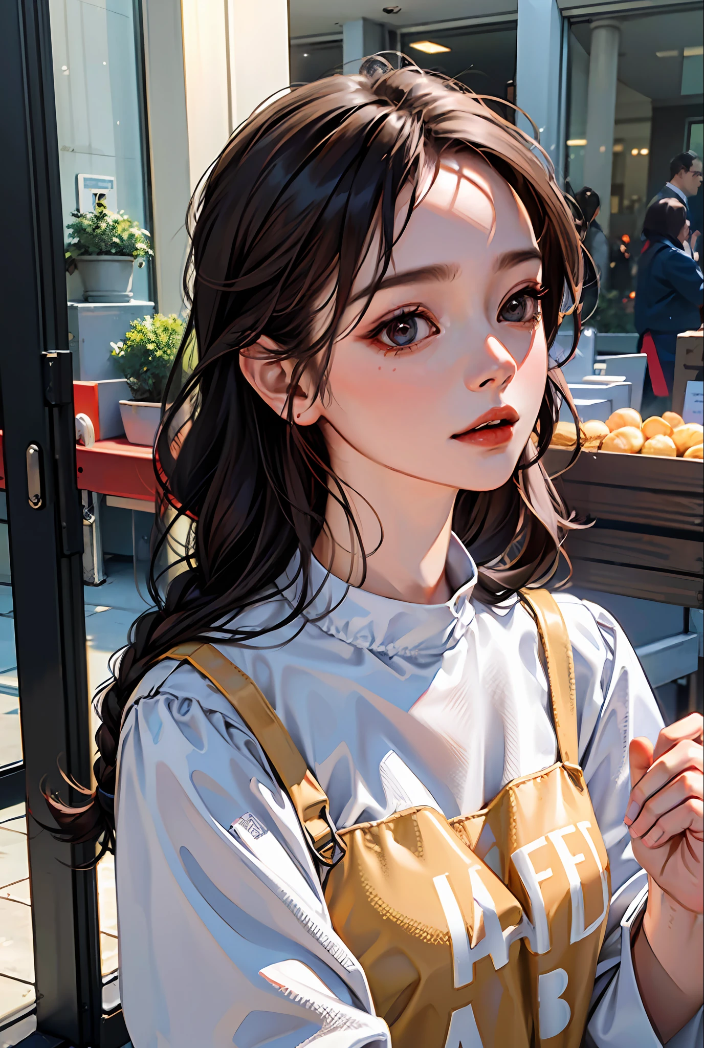 (8k, RAW photo, highly sensitive,  photorealistic:1.25) , kr-pny, twin braids, parted bangs, 1girl, A girl enjoys shopping while looking at the sparkling show window, extremely detailed hair, intricate detail, masterpiece, best quality,