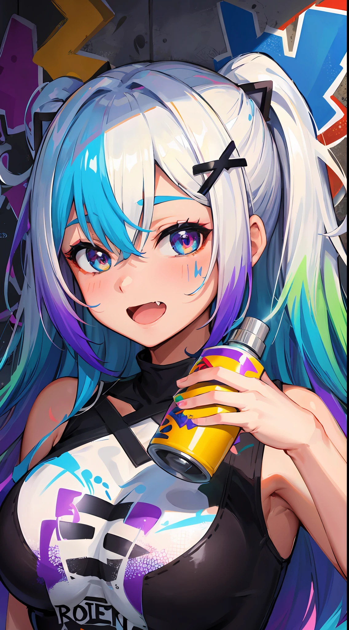 masterpiece, high quality, highres, absurdres, ultra-detailed, 8k, 1girl, medium breasts, platinum grey hair, blue hair, multicolored hair, gradient hair, open mouth, fang, looking at viewer, (holding spray paint can), oversized clothes, colorful eyes, (messy painted body:1.05), (graffiti murals wall background:1.15), seductive smile, brilliant colorful paintings, bloom, portrait, cross hair ornament