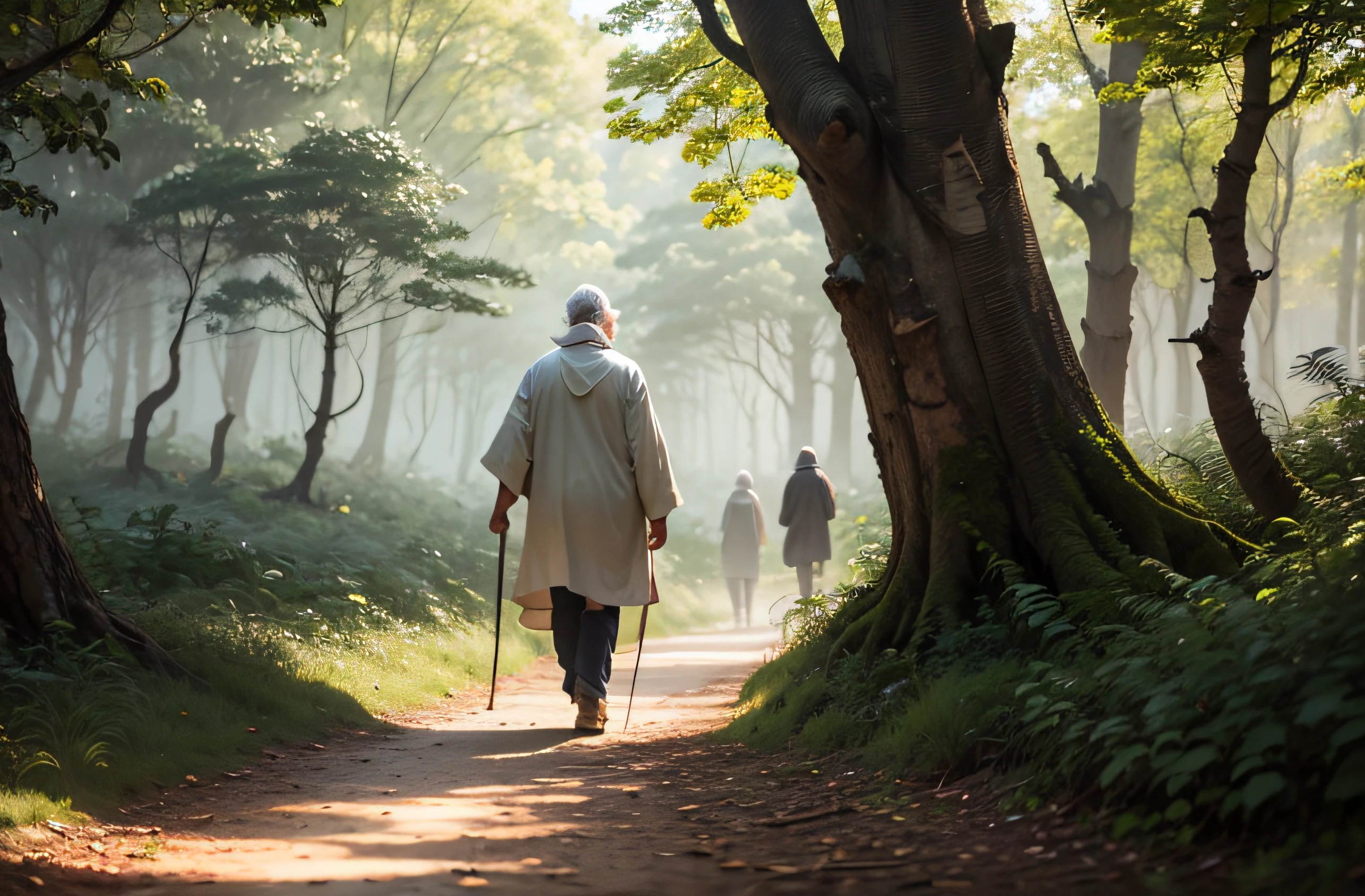 Old bearded, walking, in woods, white tunic, with bird at the feet, returning to village, totó in high definition, cinematographic, light highlight.
Waiting to get started