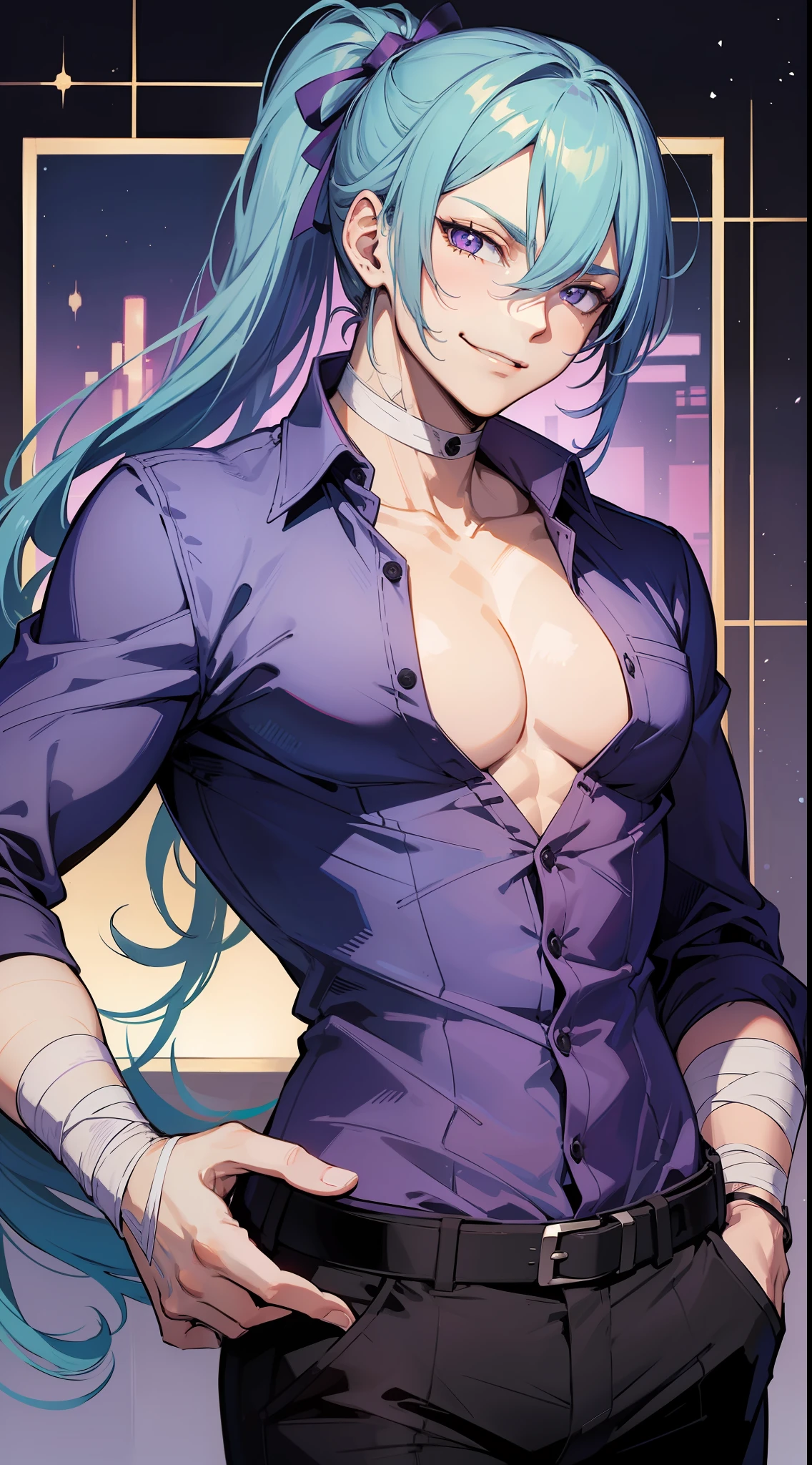 Young guy, long light blue hair, high ponytail, purple eyes, smirk, purple open shirt, black pants, bandages on his hands, masterpiece, high quality