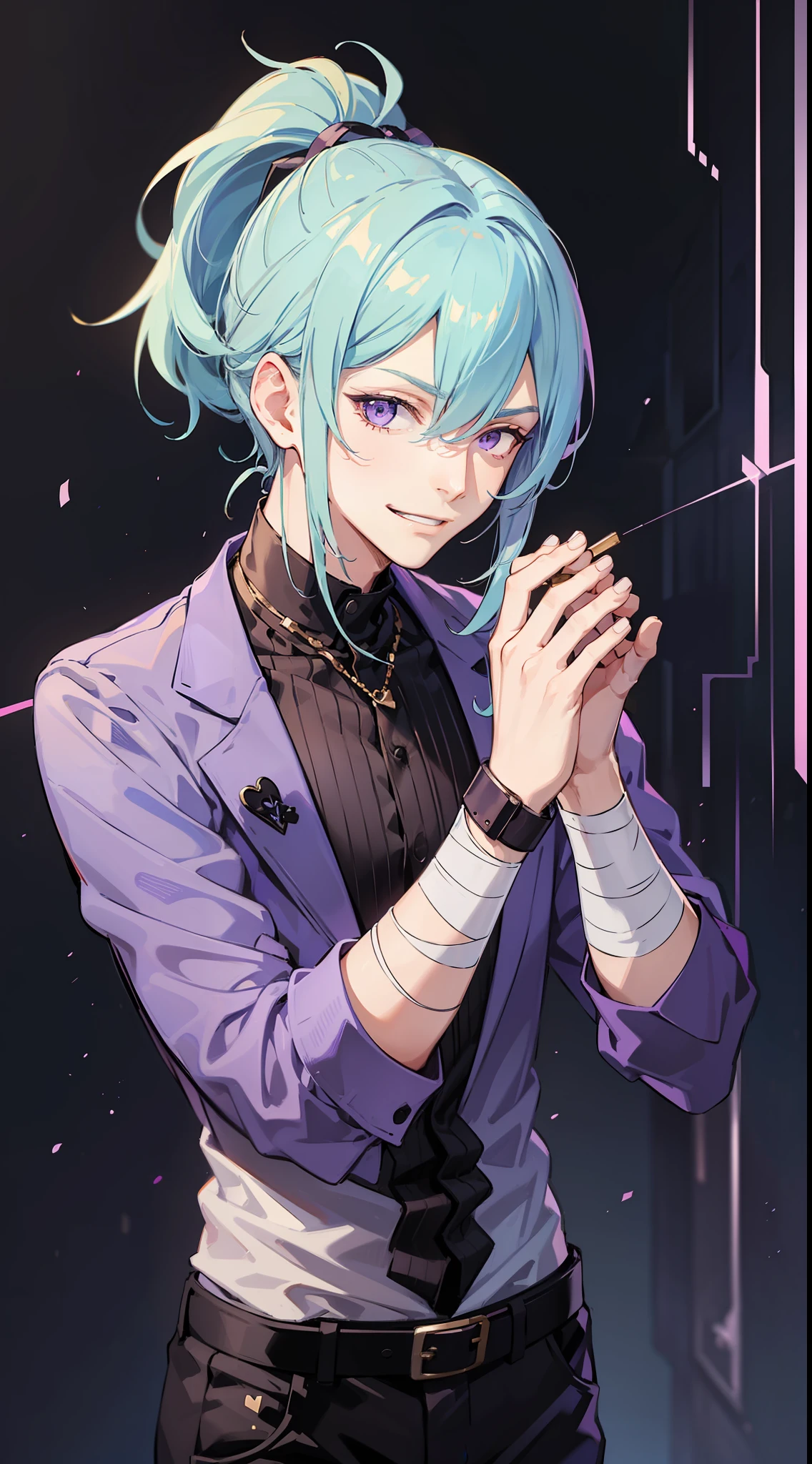 Young guy, long light blue hair, high ponytail, purple eyes, smirk, purple open shirt, black pants, bandages on his hands, masterpiece, high quality