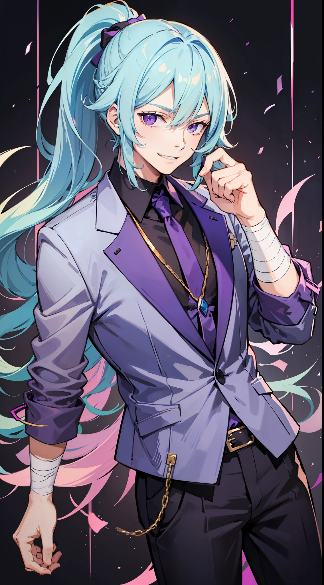Young guy, long light blue hair, high ponytail, purple eyes, smirk, purple open shirt, black pants, bandages on his hands, masterpiece, high quality